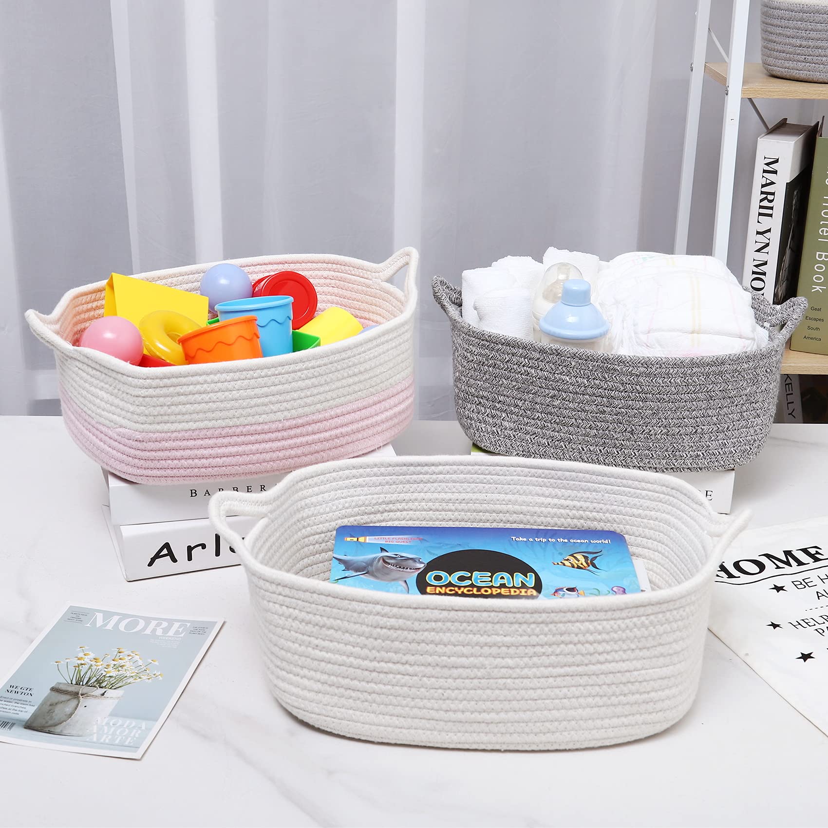 ABenkle Rope Storage Basket  13.5''x 10''x 5'' Cotton Woven Dog Cat Toy Bins  Cube Soft Baskets with Handles  Decorative Shelves Closet Organizing for Nursery Laundry Bedroom Bathroom - Grey