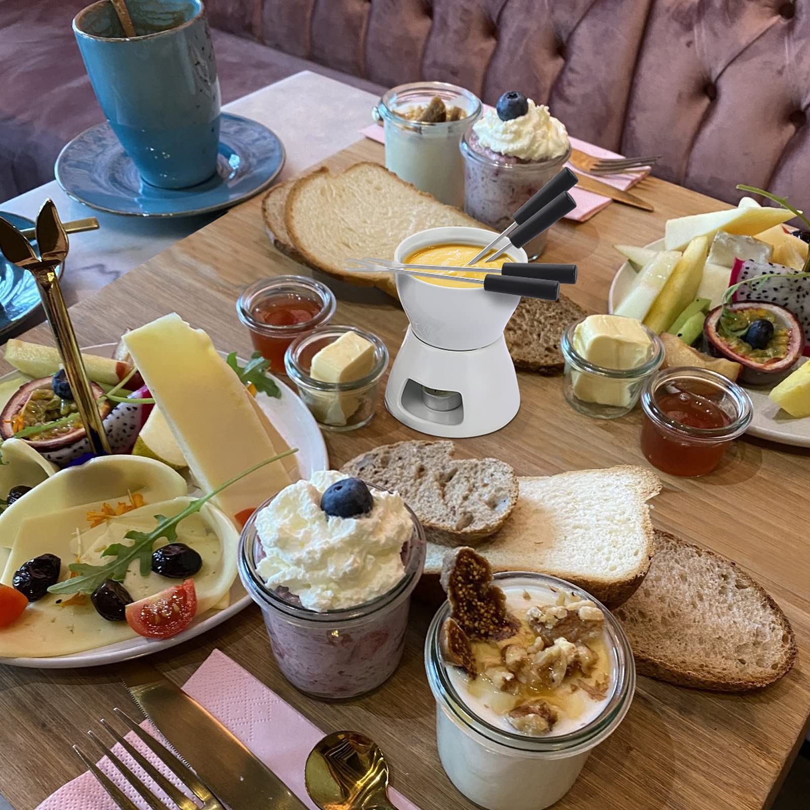 Bstkey 400Ml Ceramic Butter Warmer Set With 4 Forks, Fondue Pot Melting Pot Set, Melt Hot Pot Bowl Set For Cheese Chocolate Butt