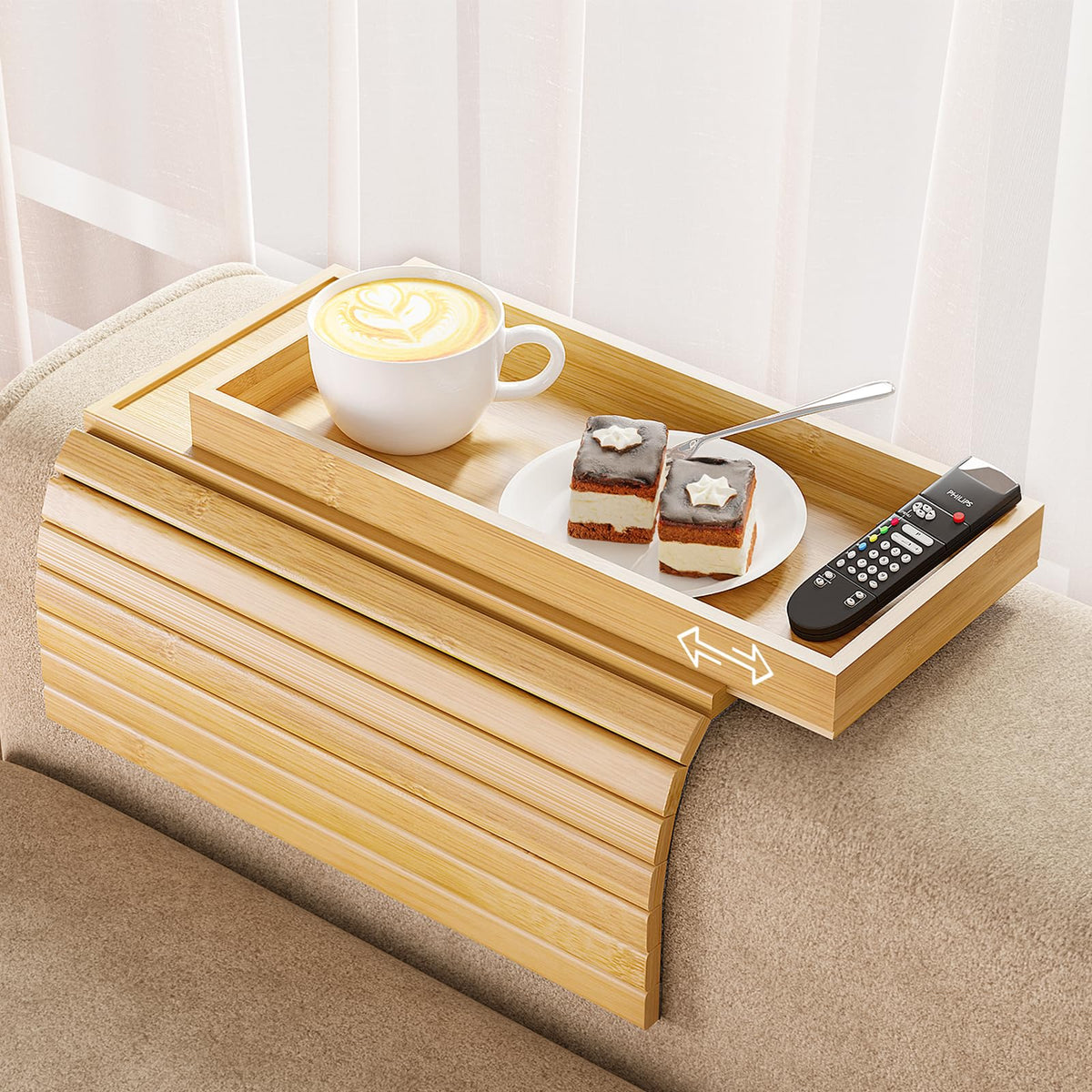 Bestjing Bamboo Sofa Armrest Tray Table For Couch - 2-In-1 Couch Arm Table With Be Slide Detachable Tray - Anti-Slip Foldable So