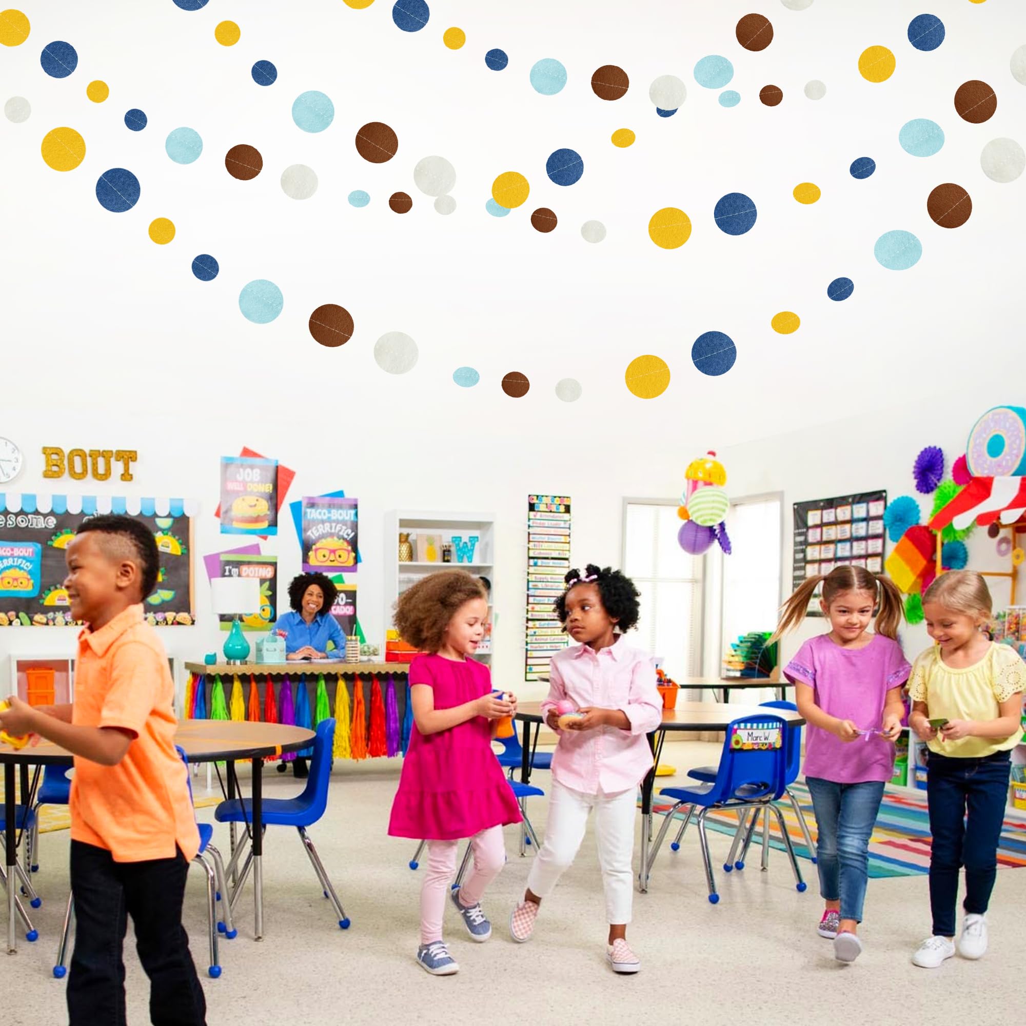 Boho Classroom Decorations Navy Blue Yellow Brown Felt Circle Dot Garland Hanging Polka Dot Streamer For Classrooms Preschool Ev