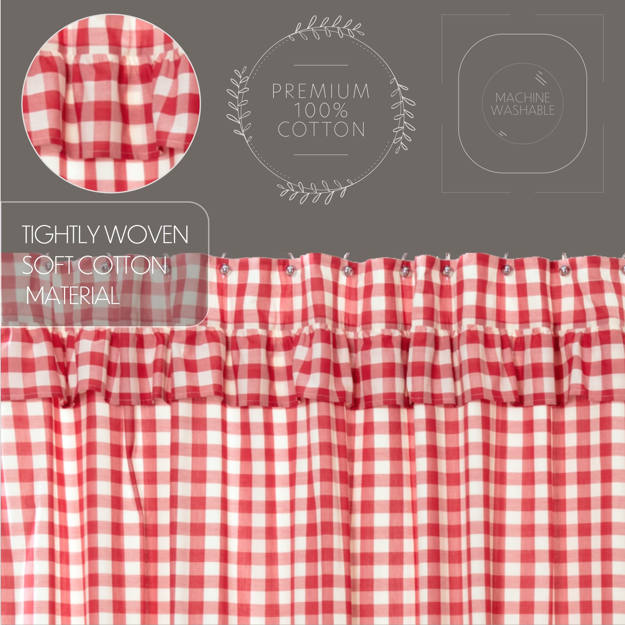 Vhc Brands Annie Buffalo Check Cotton Farmhouse Bath Rod Pocket Button Holes Hooks Shower Curtain, Red Country