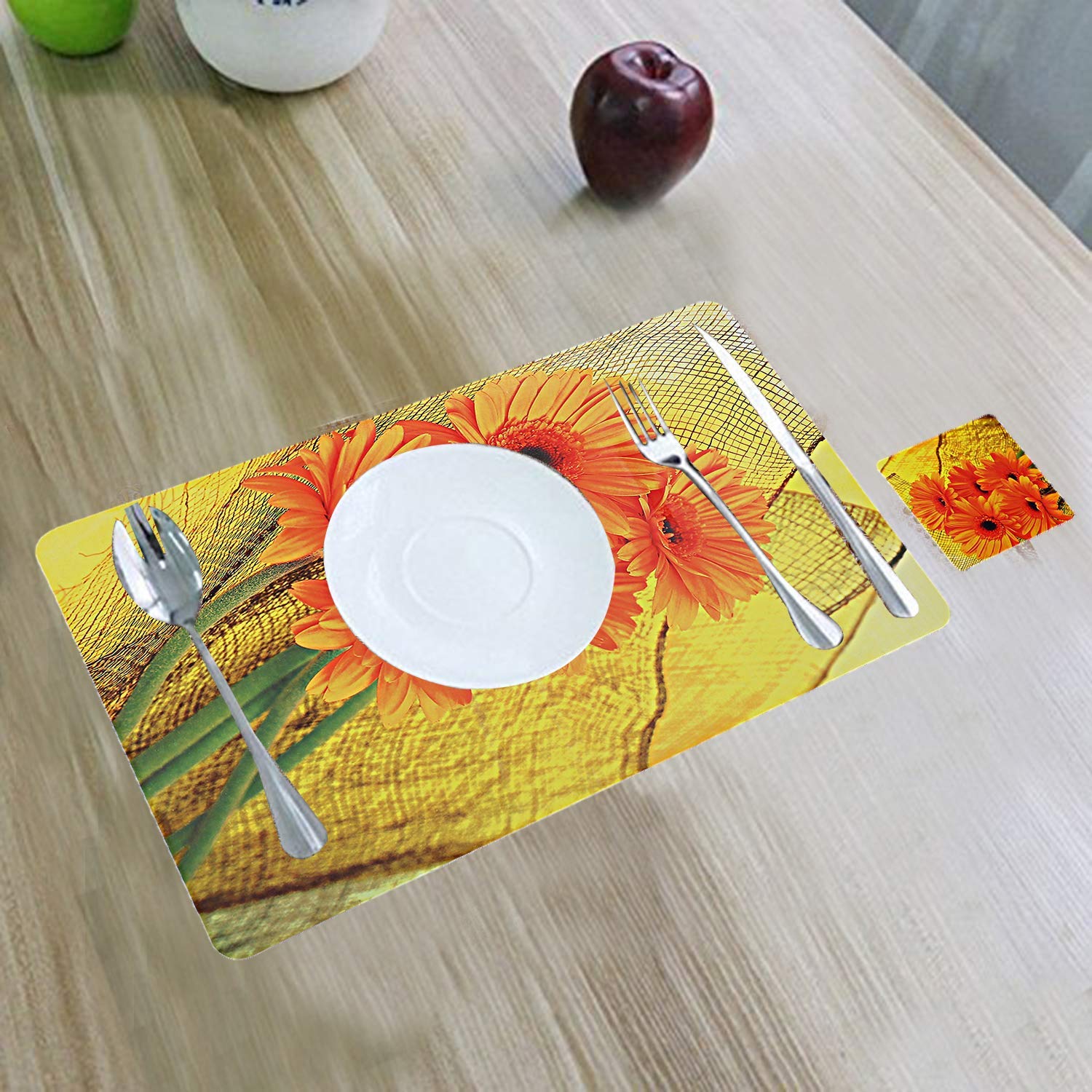 Kuber Industries Sun Flower Design Pvc 6 Piece Dining Table Placemat Set With Tea Coasters - Multicolour