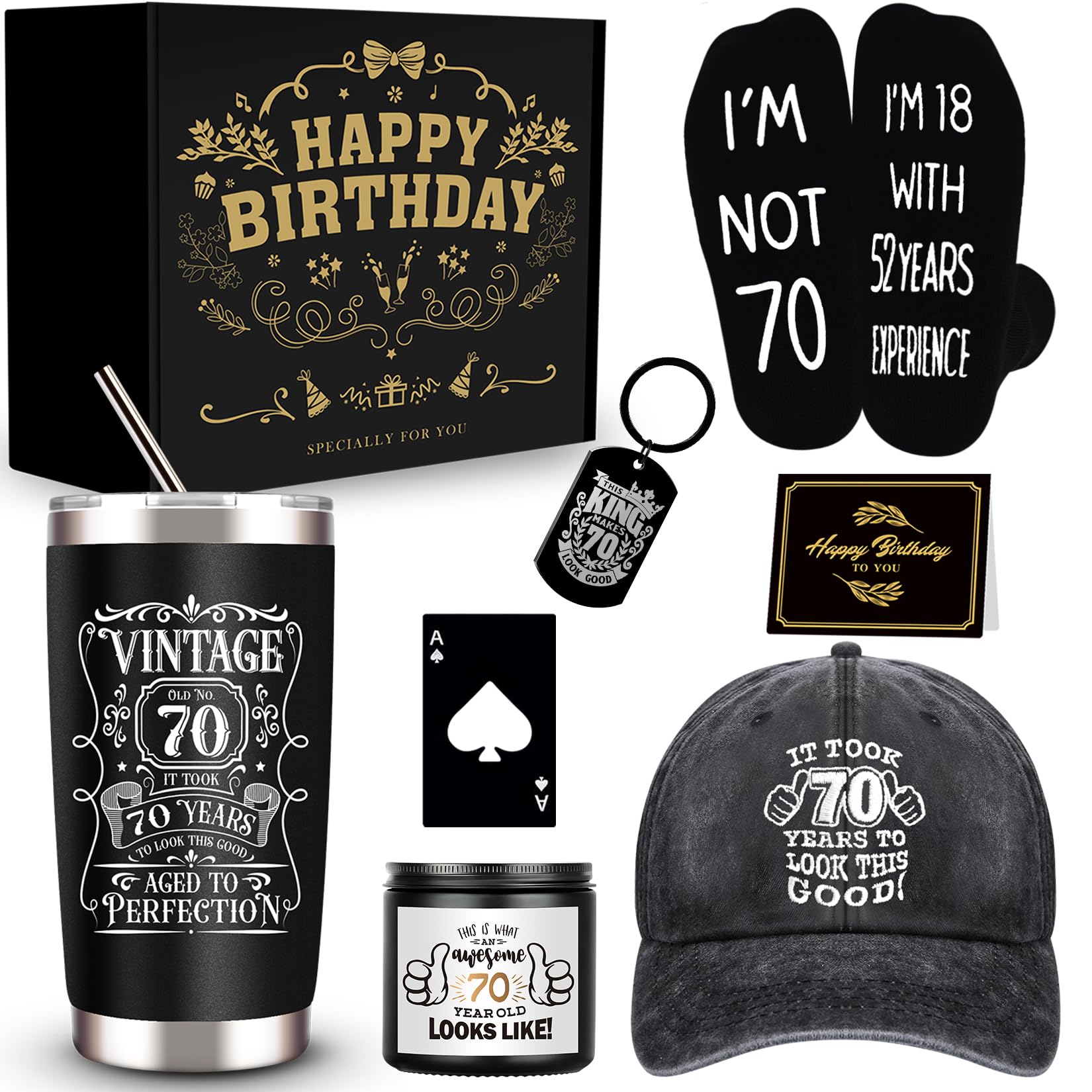JTAMOHI 70th Birthday Gifts for Men - Unique Box with 20 Oz Tumbler, Scented Candle, Socks, Baseball Cap for Husband, Dad, Grand