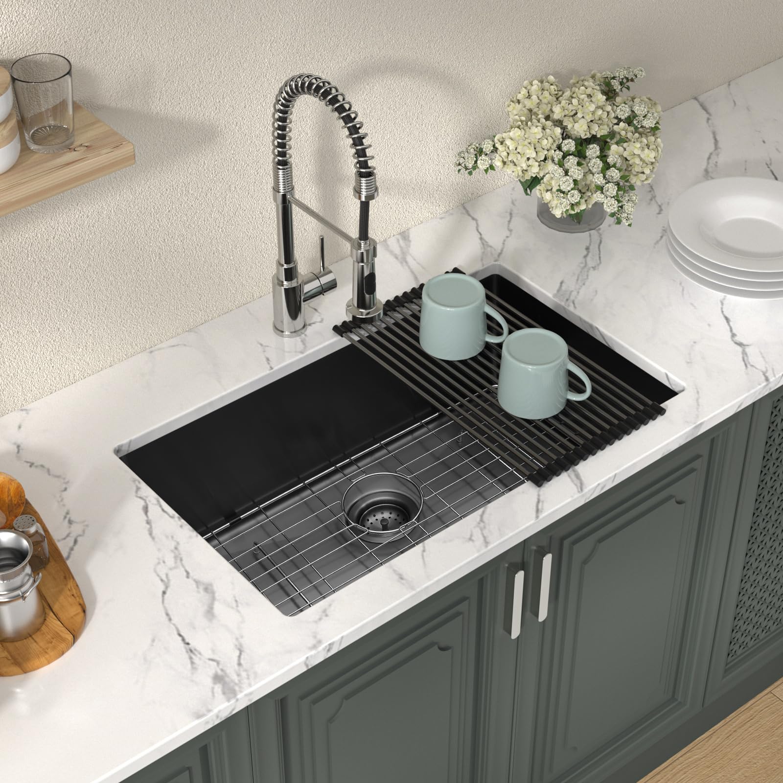 Lordear 30 Black Stainless Steel Kitchen Sink - 30X18 Inch Kitchen Sink Undermount 16 Gauge Stainless Steel Gunmetal Black Singl