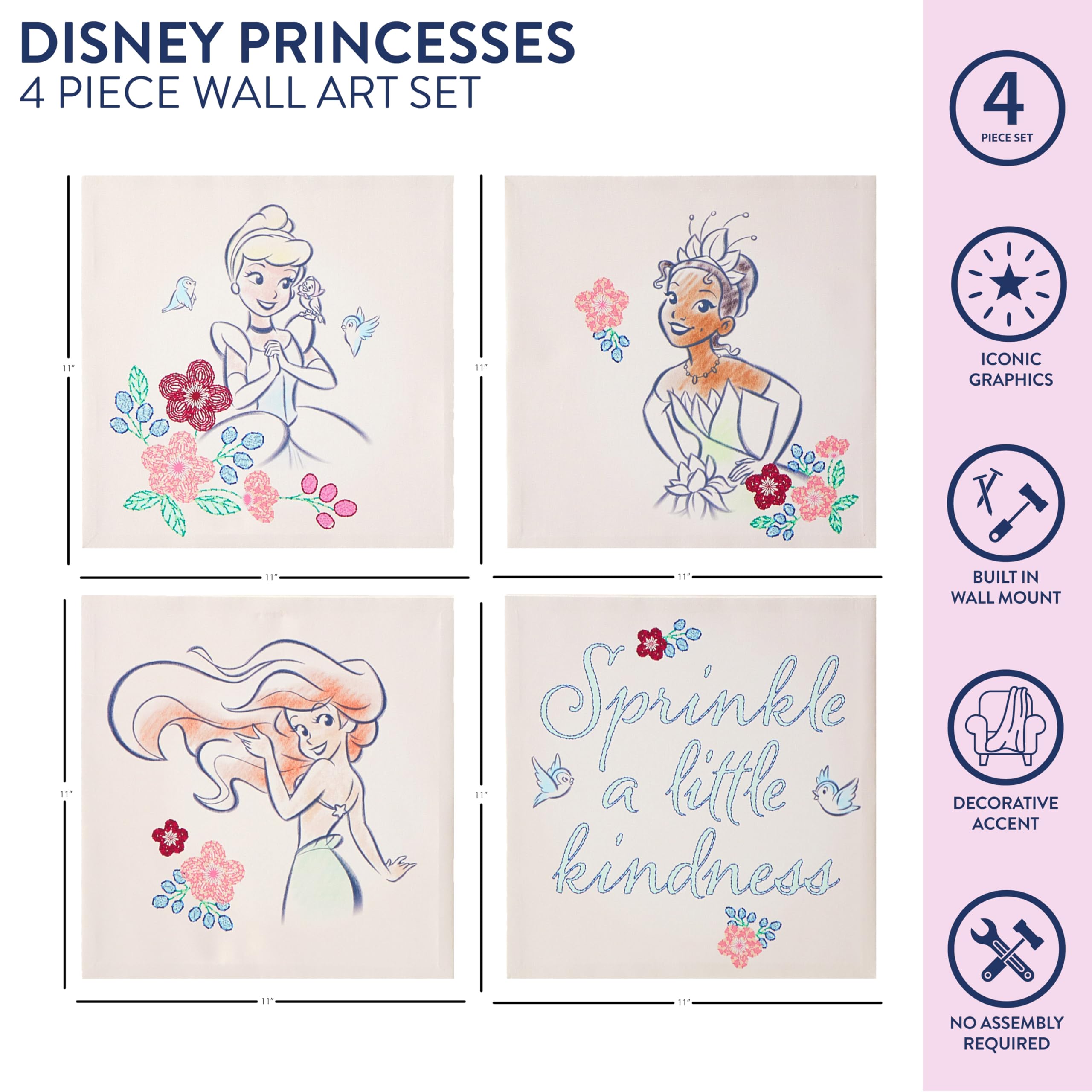 Idea Nuova Disney Princess 4 Pack Square Canvas Wall Art Set, 11''X11'' Each