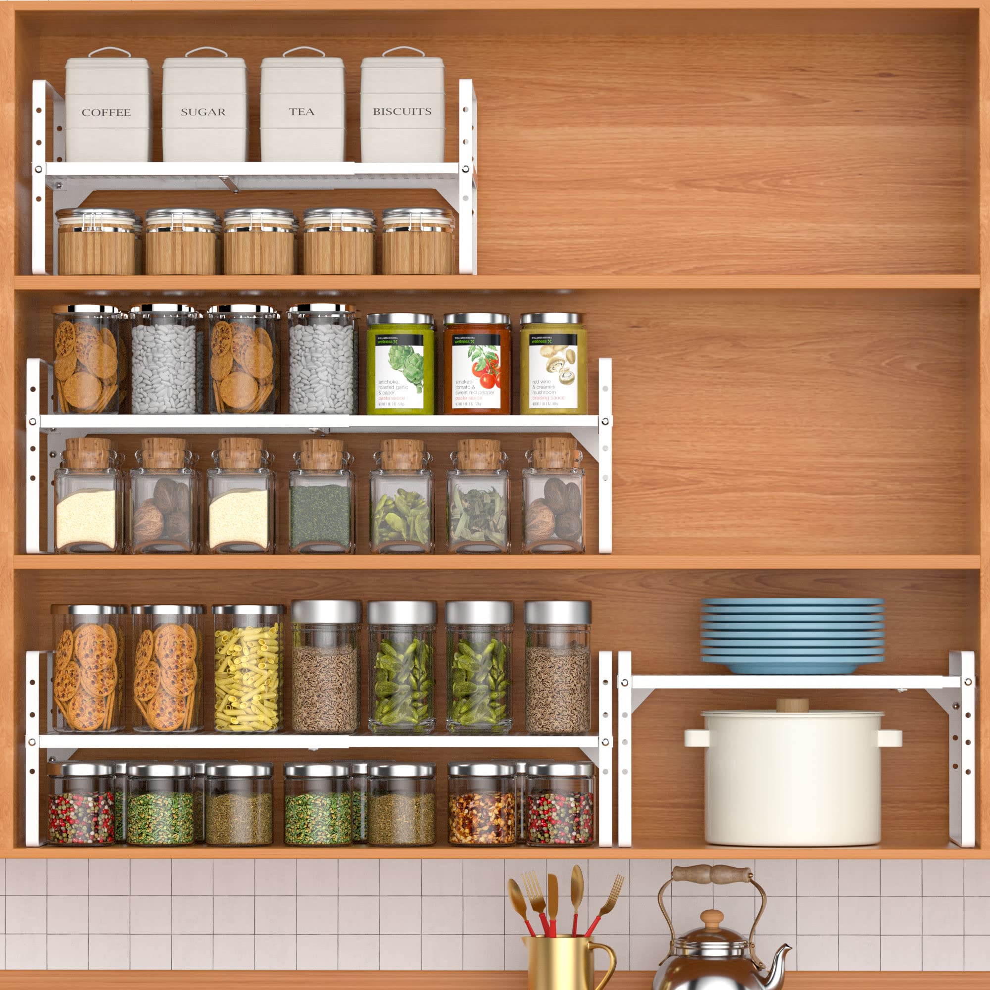 Arcci Expandable Kitchen Cabinet Shelf Organizers 2 Pack, Stackable Metal Pantry Storage Shelves Rack, Adjustable Counter Shelf