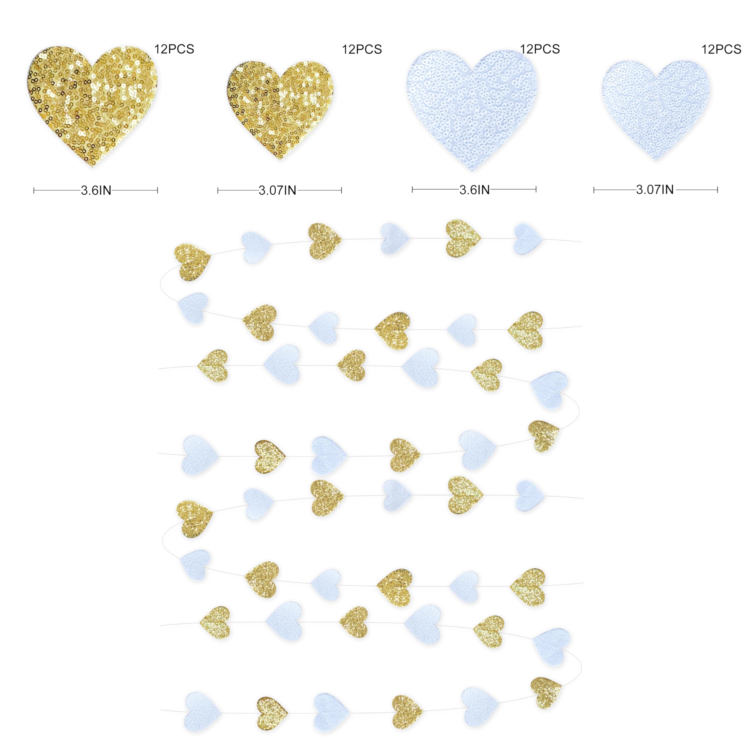Gold And White Heart Decorations Double Sided Sequin 3D Heart Hanging Wall Art Ornament Garland For Nursery Classroom Bedroom Va