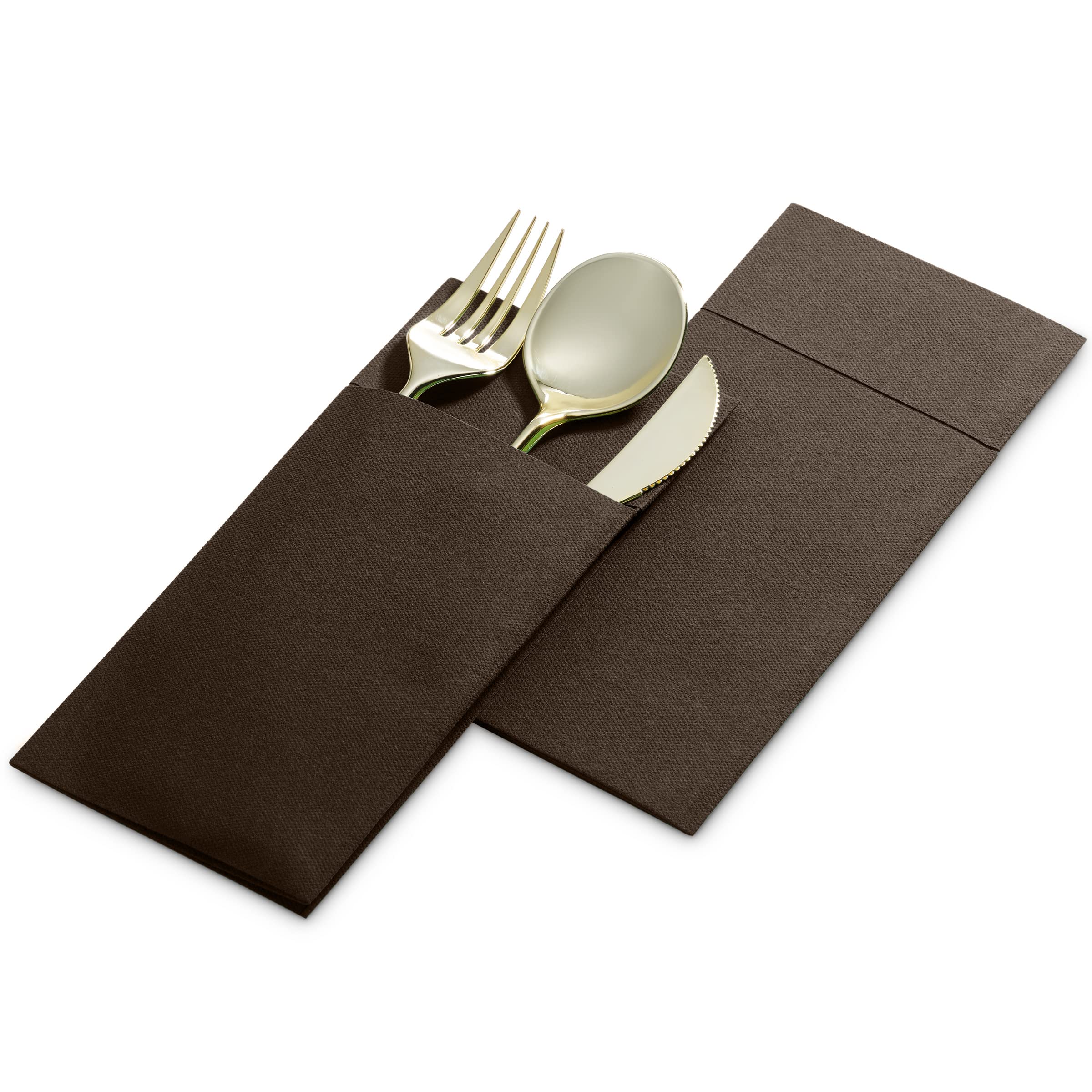 Disposable Linen-Feel Dinner Napkins with Built-in Flatware Pocket  50-Pack BROWN Prefolded Cloth Like Paper Napkins For Dinner  Wedding Or Party [Silverware NOT Included]