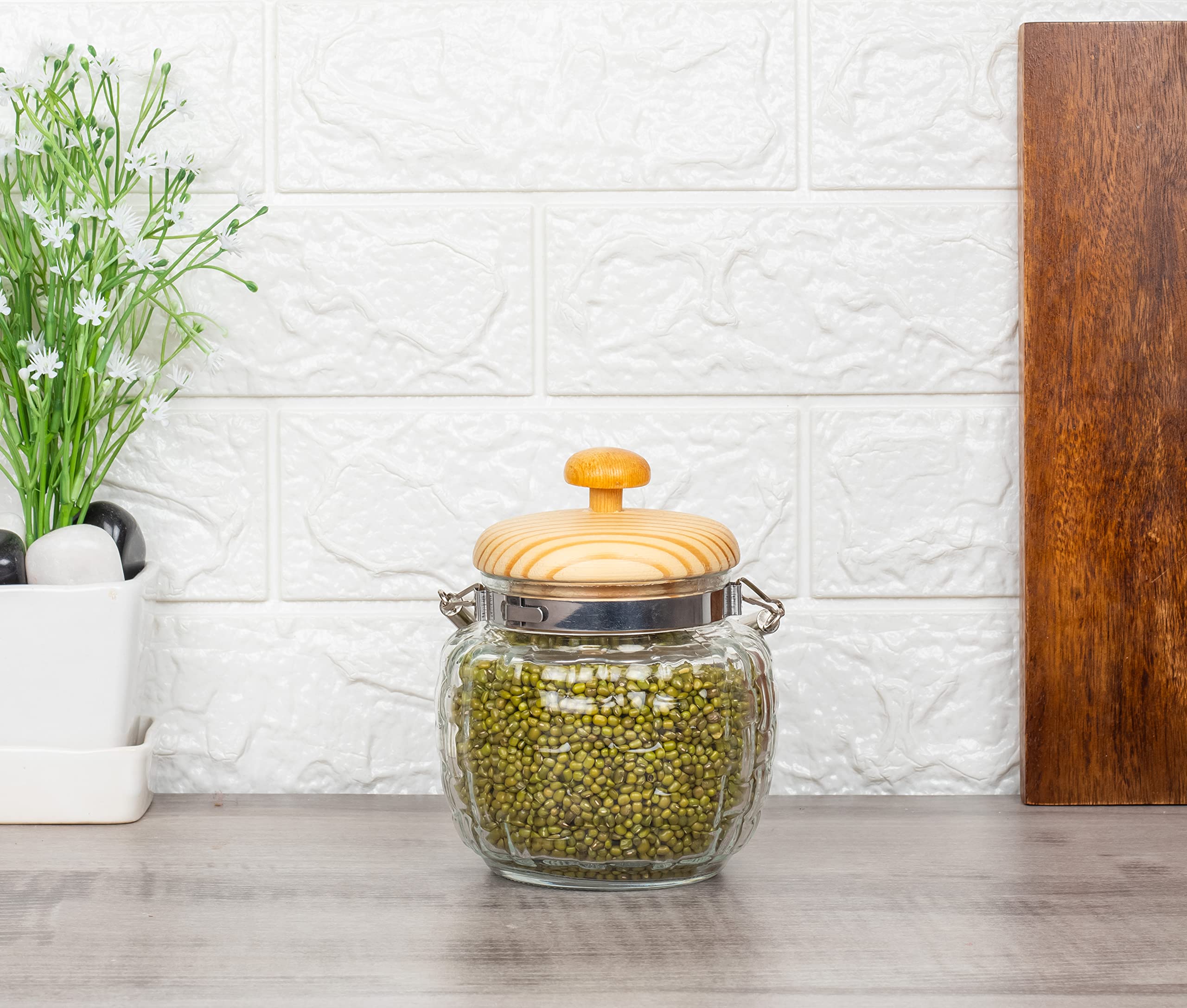 Femora Kitchen Storage Jars Embossed Glass Jar With Wooden Lid & Jute Chain Air Tight Jar, 500 ML, Pack of 1
