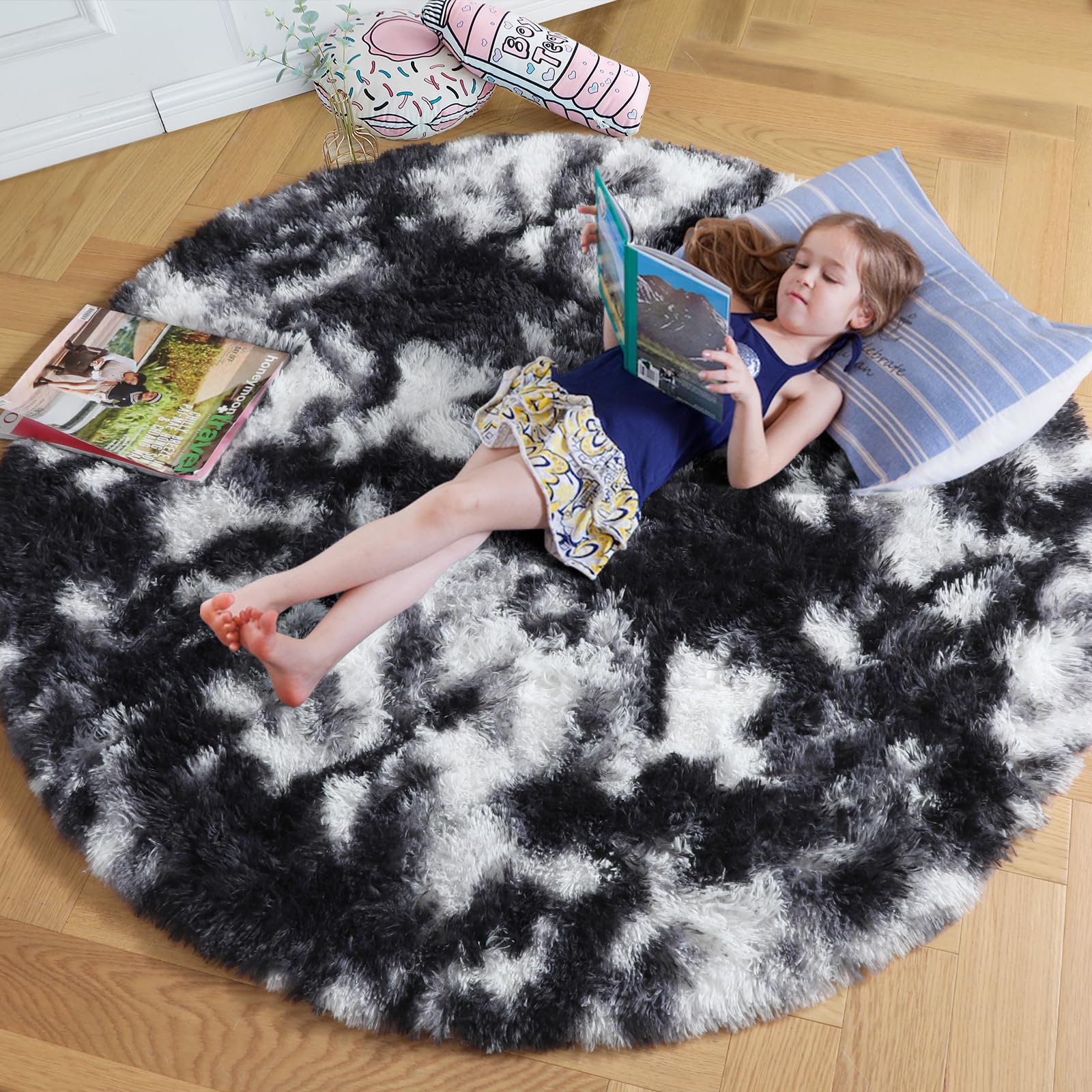 Amdrebio Black White Grey Circle Rug 6Ft Round Area Rugs for Living Room Bedroom, Fluffy Fuzzy Shaggy Furry Rugs for Home Office