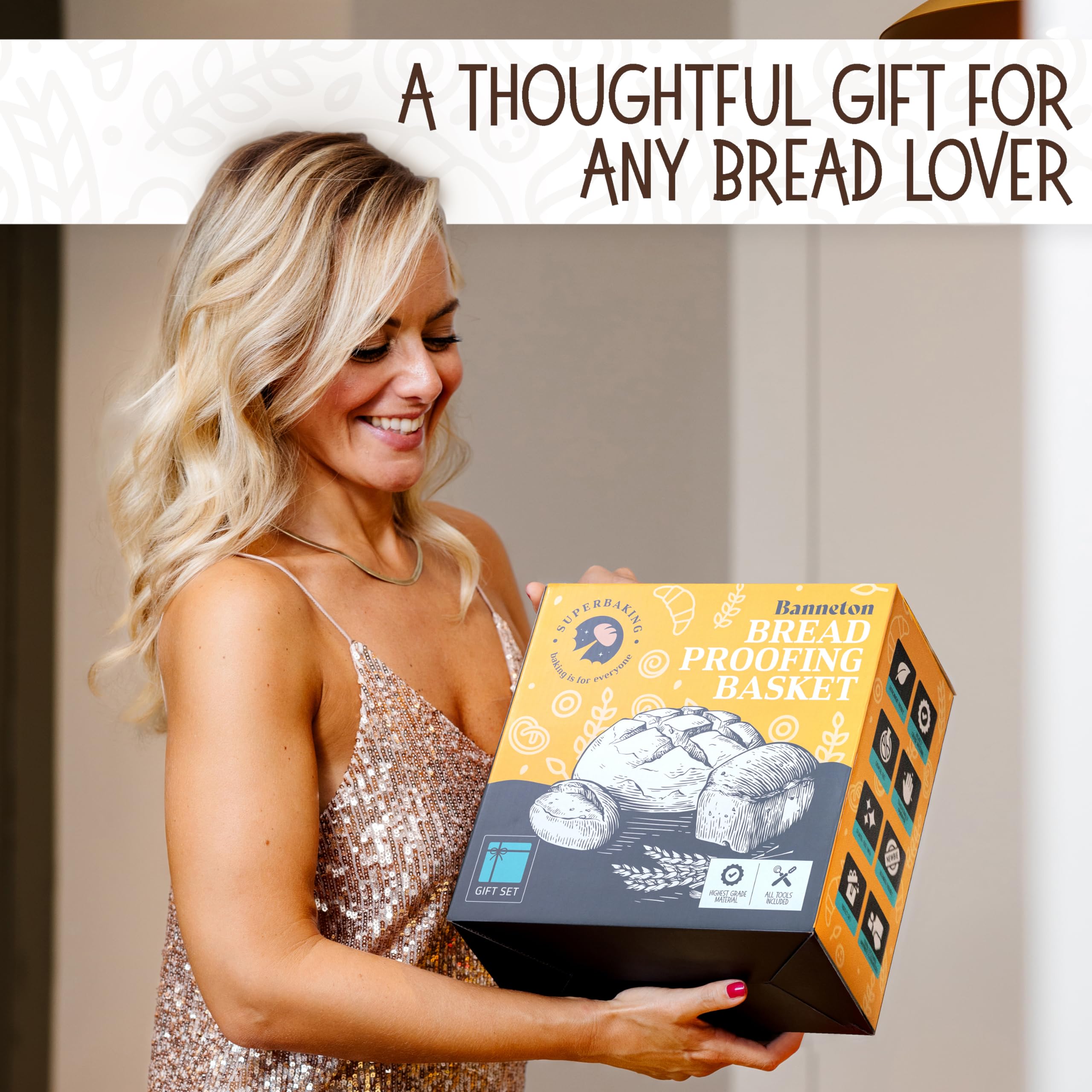 Superbaking 9 Round Banneton Bread Proofing Basket Gift Set- Sourdough Starter Kit for Crusty Artisan Style Loaves, Includes Es