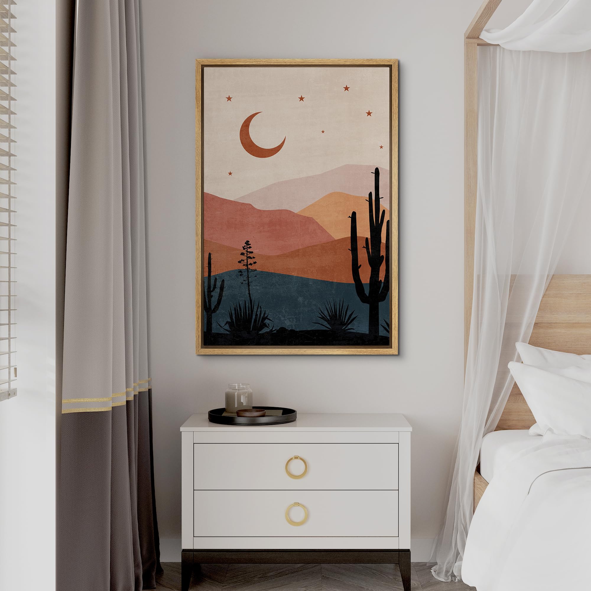 Signford Framed Canvas Print Wall Art Desert Landscape With Crescent Moon And Silhouetted Cacti Nature Wilderness Illustrations