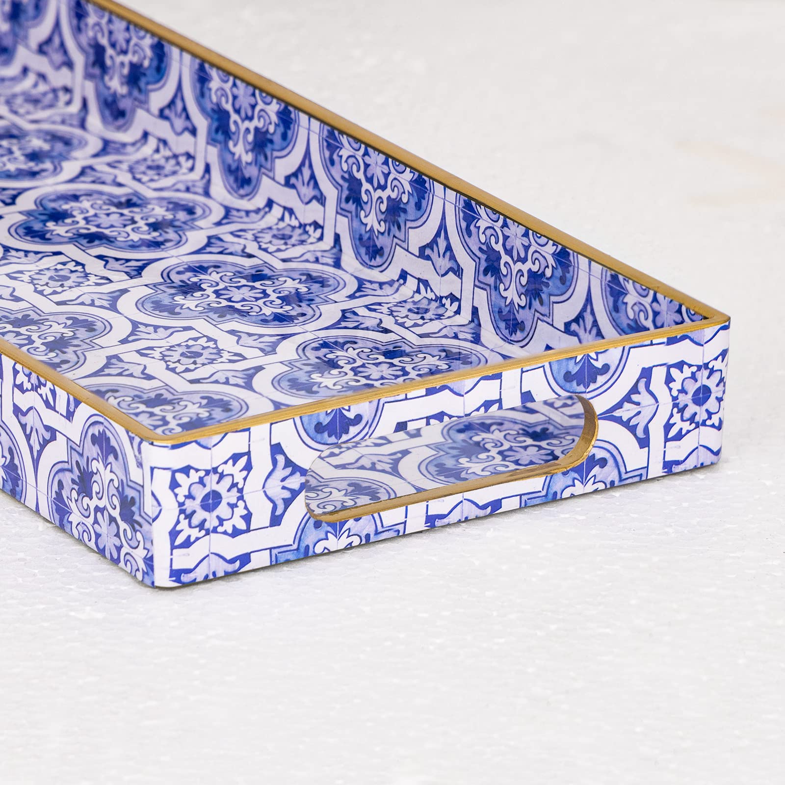 Maoname Blue Decorative Tray, Plastic Vanity Tray With Handles, Rectangular Moroccan Tray, Long Narrow Tray For Bathroom, 13.8''