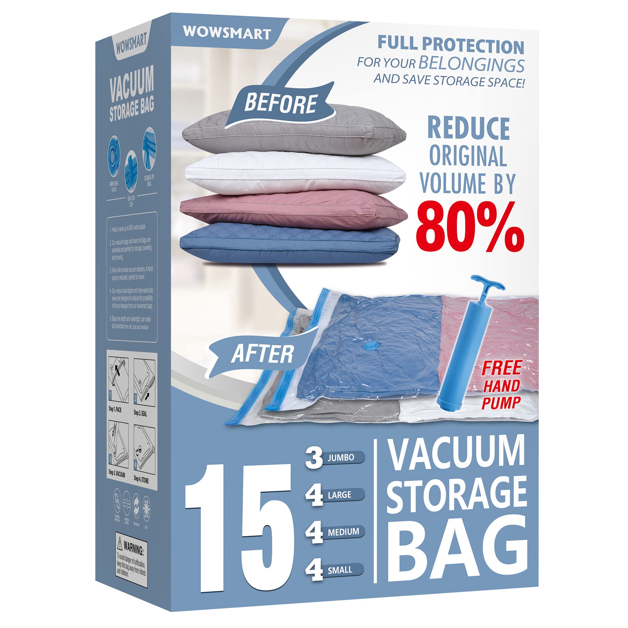 15 Space Saver Vacuum Storage Bags, Vacuum Sealed Storage Bags (3 Jumbo/4 Large/4 Medium/4 Small) With Hand Pump, Vacuum Seal Ba