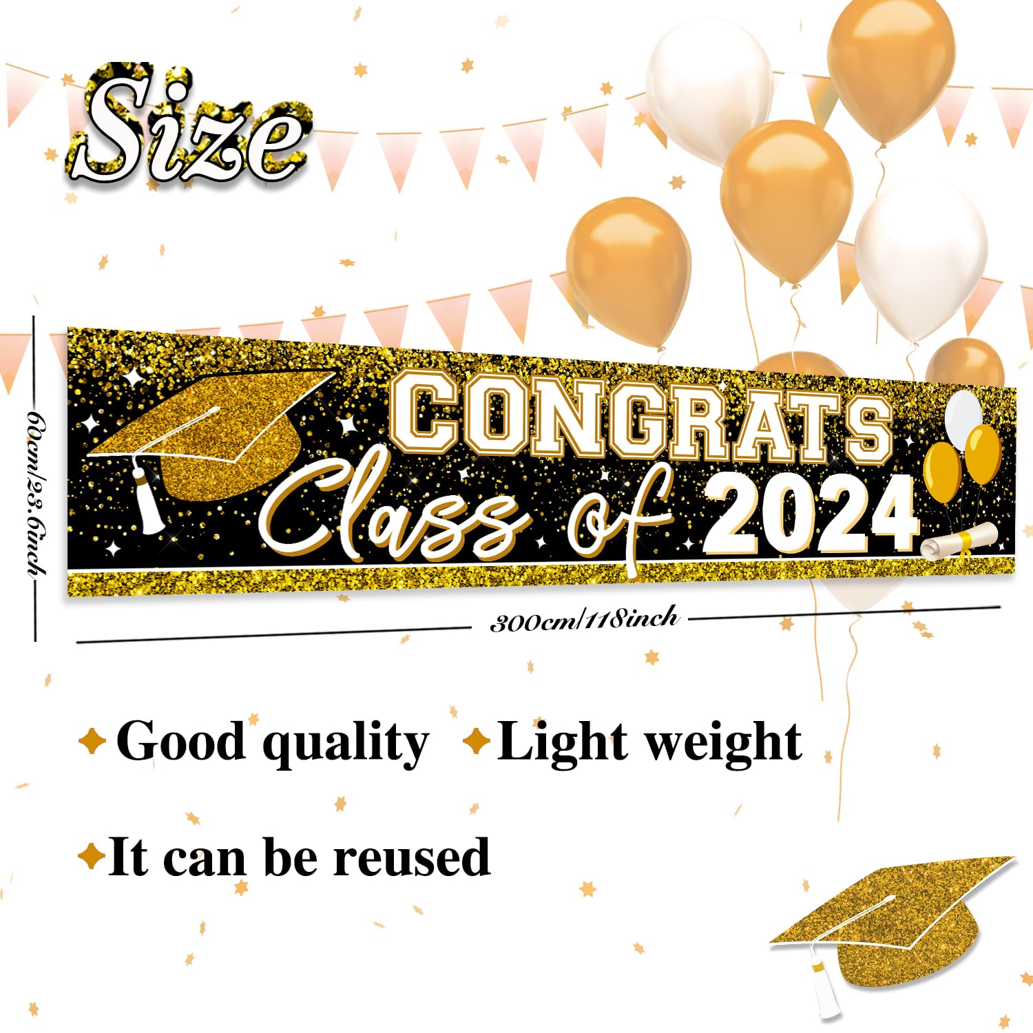 Large Congrats Grad Banner Gold Class Of 2024 Banner Backdrop Graduation 2024 Yard Sign For Graduation Party Supplies Graduation