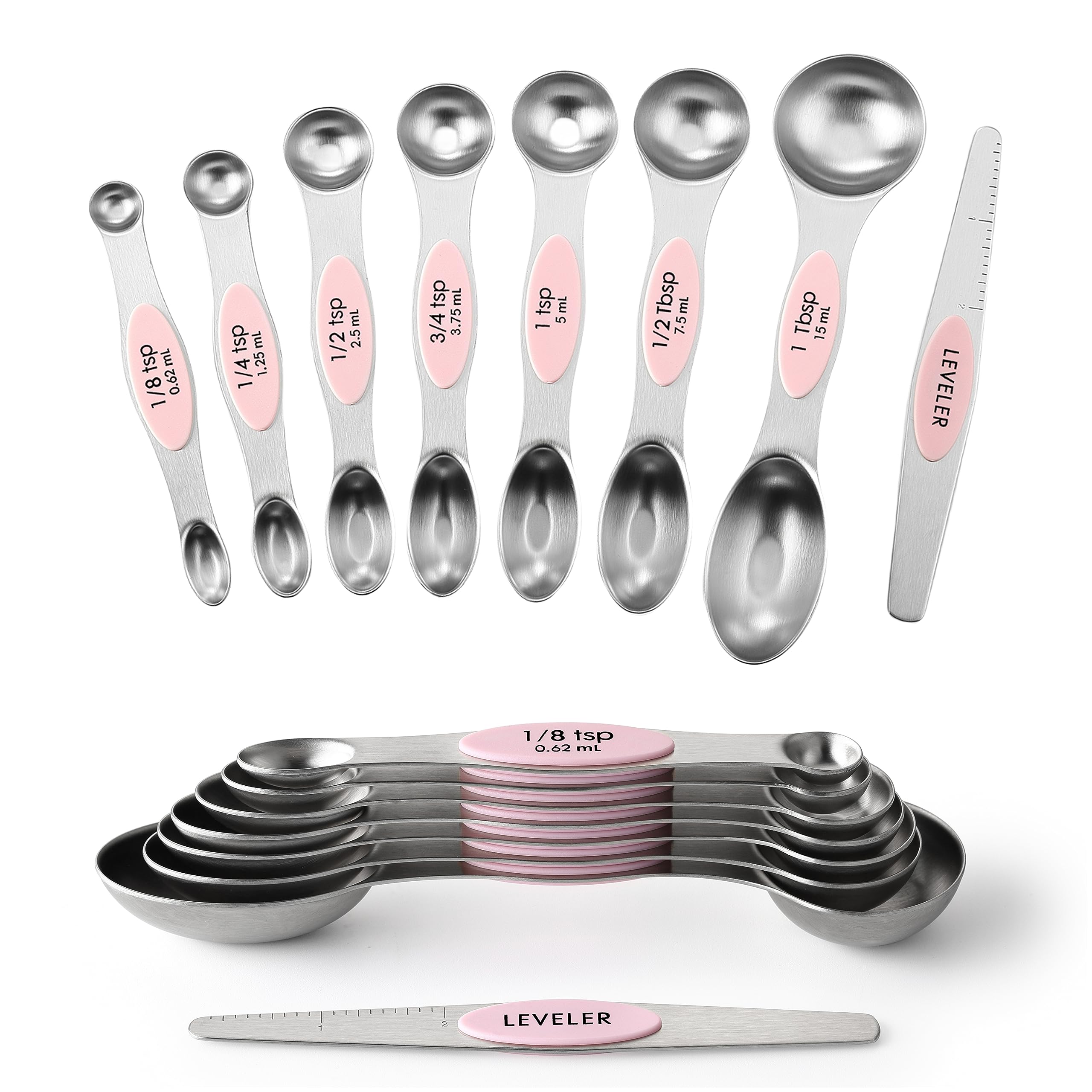 Spring Chef Magnetic Measuring Spoons Set, Dual Sided, Stainless Steel, Fits In Spice Jars, Pink Lemonade, Set Of 8, 2 Pack