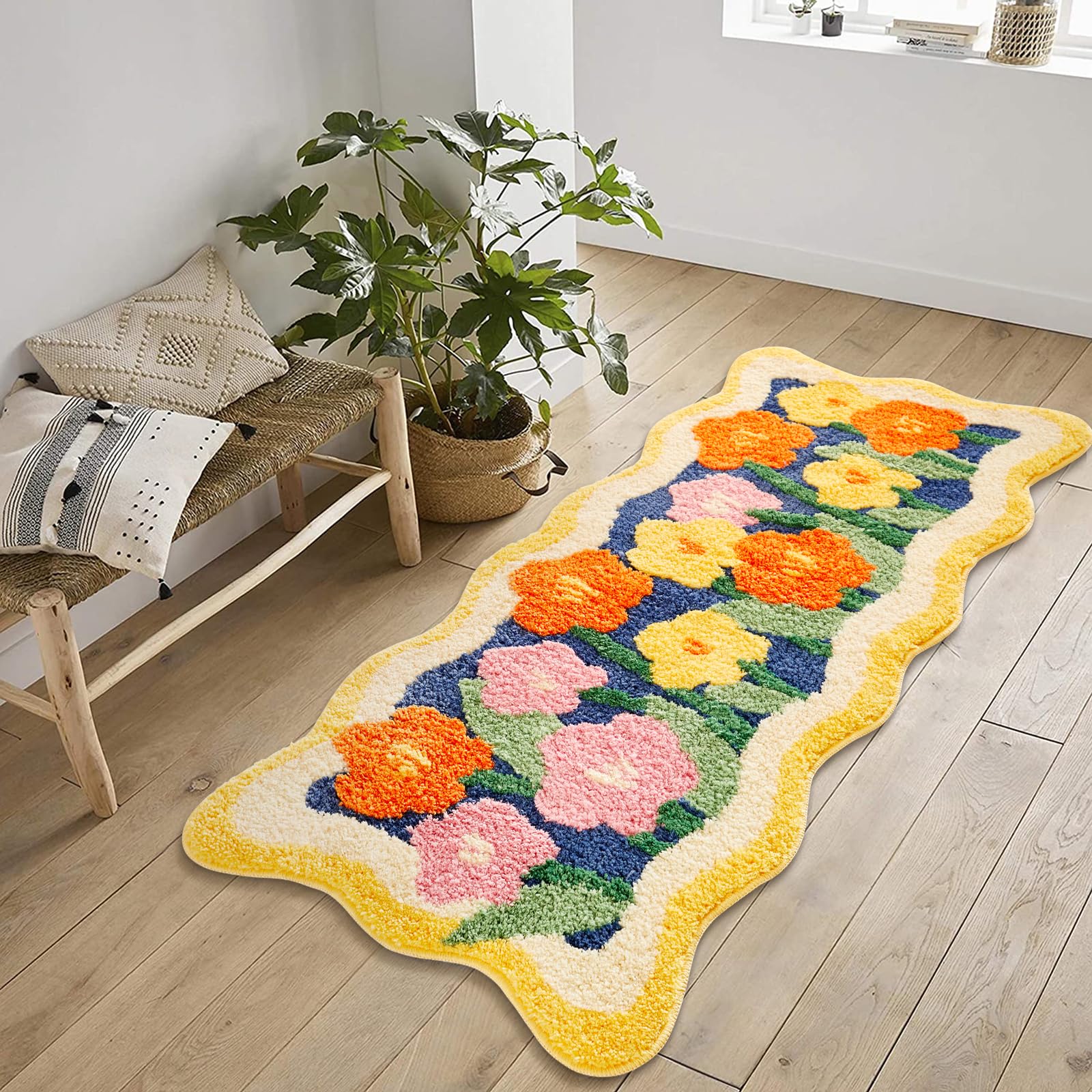 Aldopein Colorful Cute Flower Bathroom Kitchen Runner Rugs 2X4.3 Non-Slip Machine Washable, Shaggy Orange Yellow Aesthetic Extra