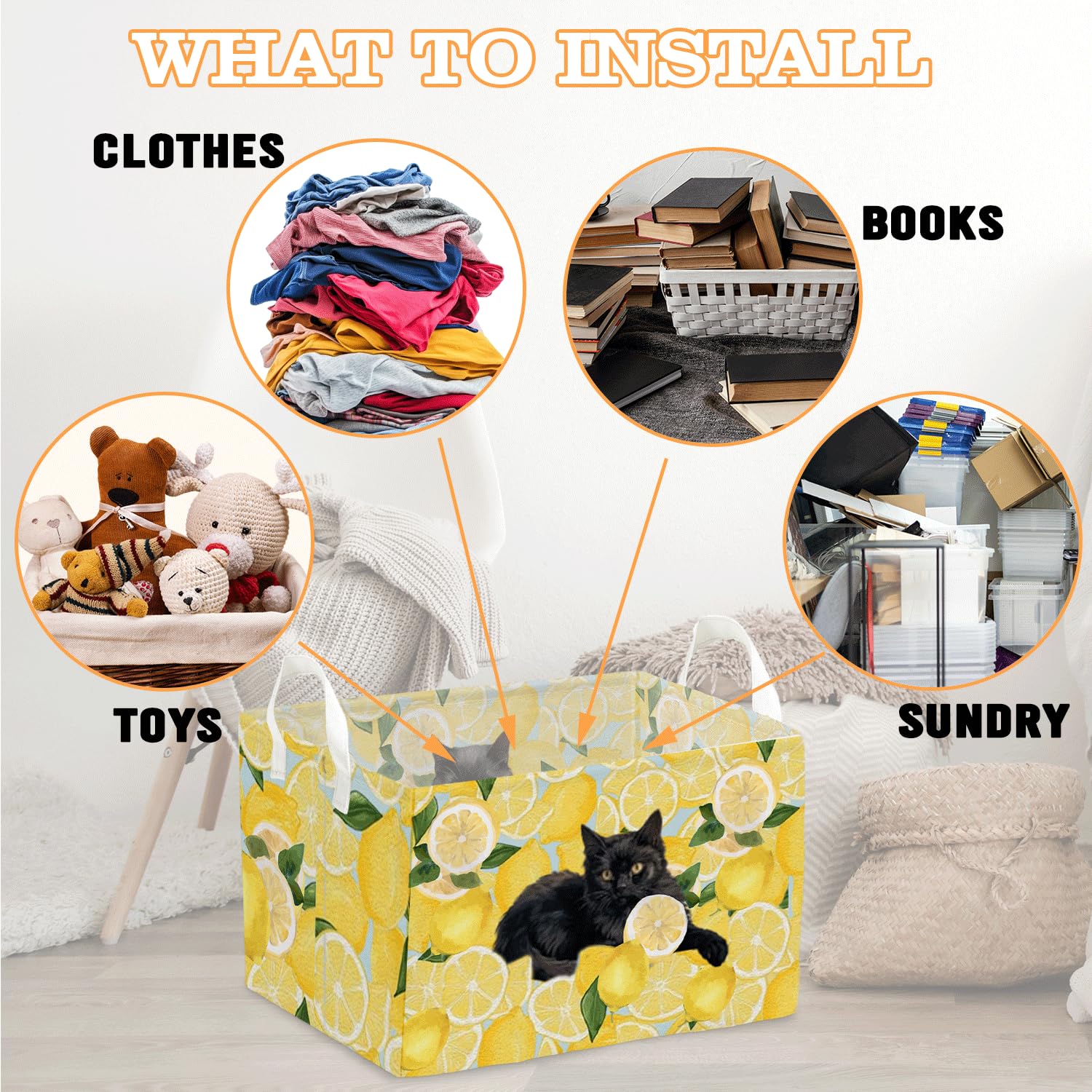 Black Cat Yellow Lemon Laundry Storage Basket, Waterproof Collapsible Hamper With Handles, Dirty Clothes Tote For Laundry Bathro