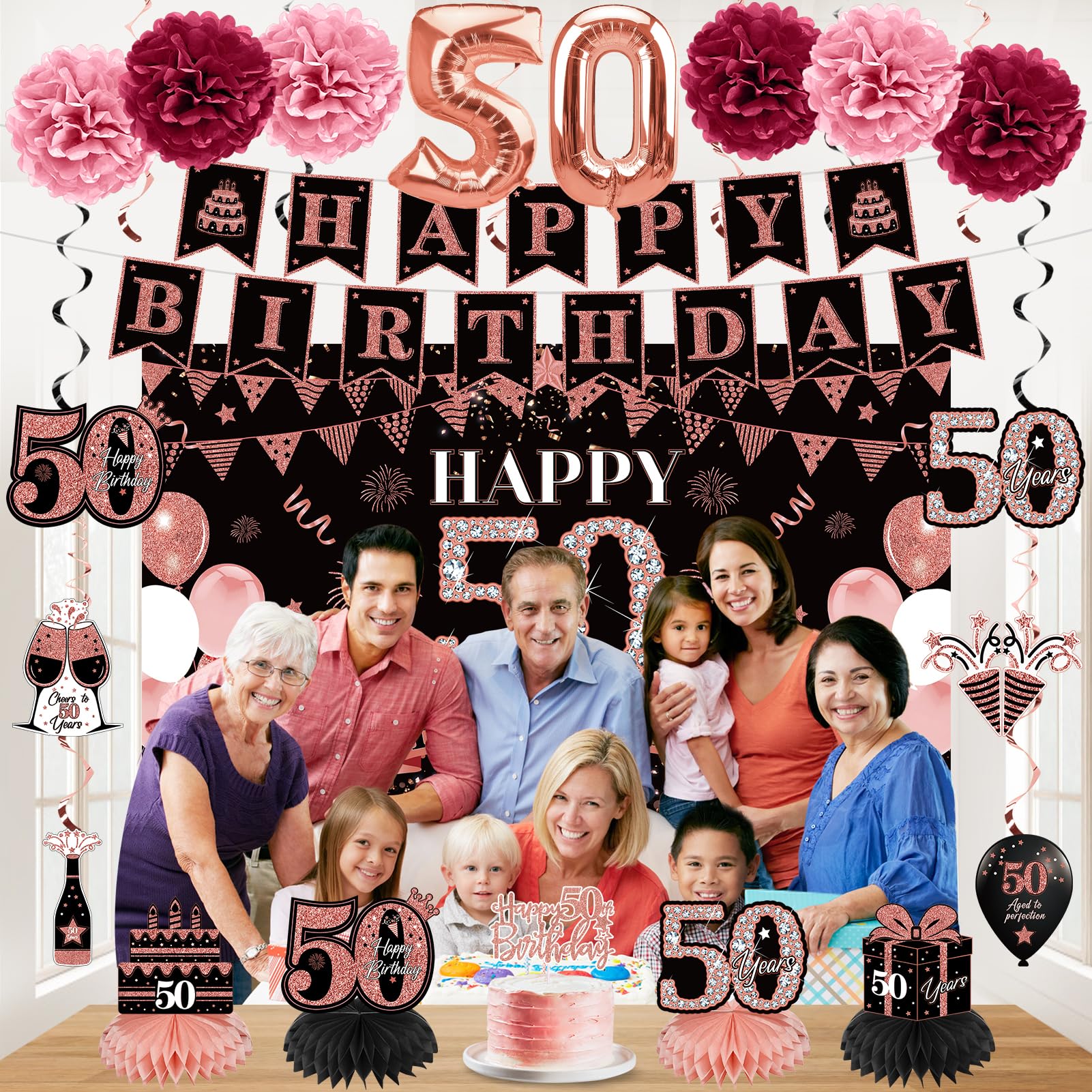 42Pcs 50Th Birthday Decoration Kit For Women, Rose Gold Happy 50Th Bday Banner Balloons Honeycomb Centerpiece Swirl Paper Pompom