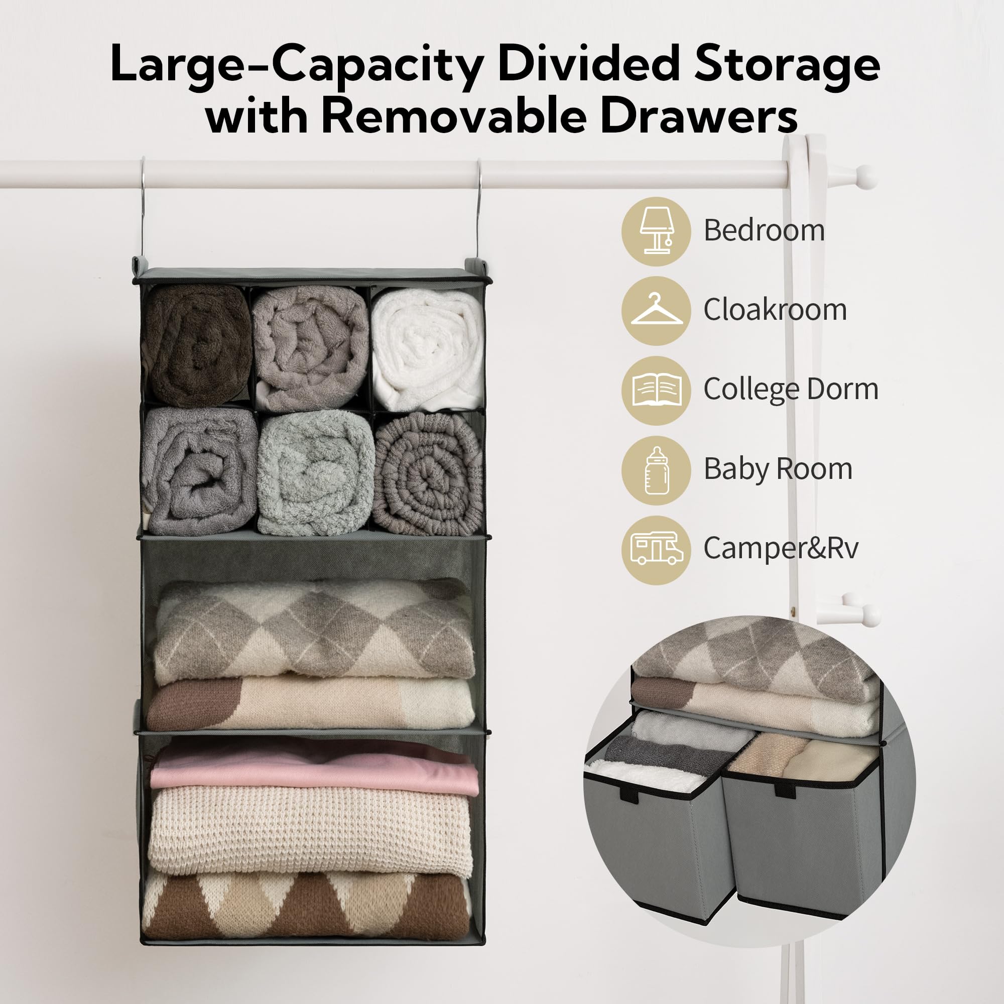 Granny Says Hanging Closet Organizer With Drawers, 4 Shelf Dividers Closet Hanging Organizer, Foldable Hanging Shelves For Wardr