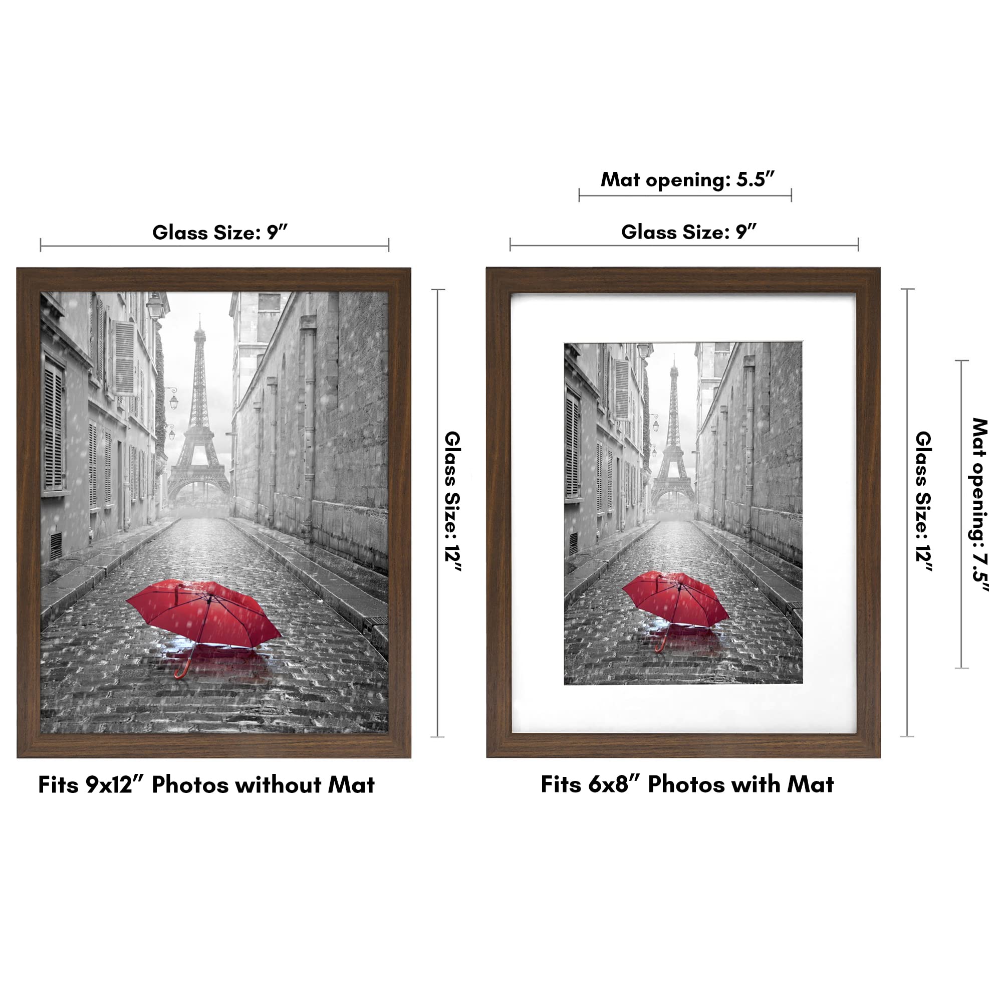 Americanflat 9x12 Picture Frame with Shatter-Resistant Glass - Use as 6x8 Frame with Mat or Display 9x12 Photo Without Mat - Sig