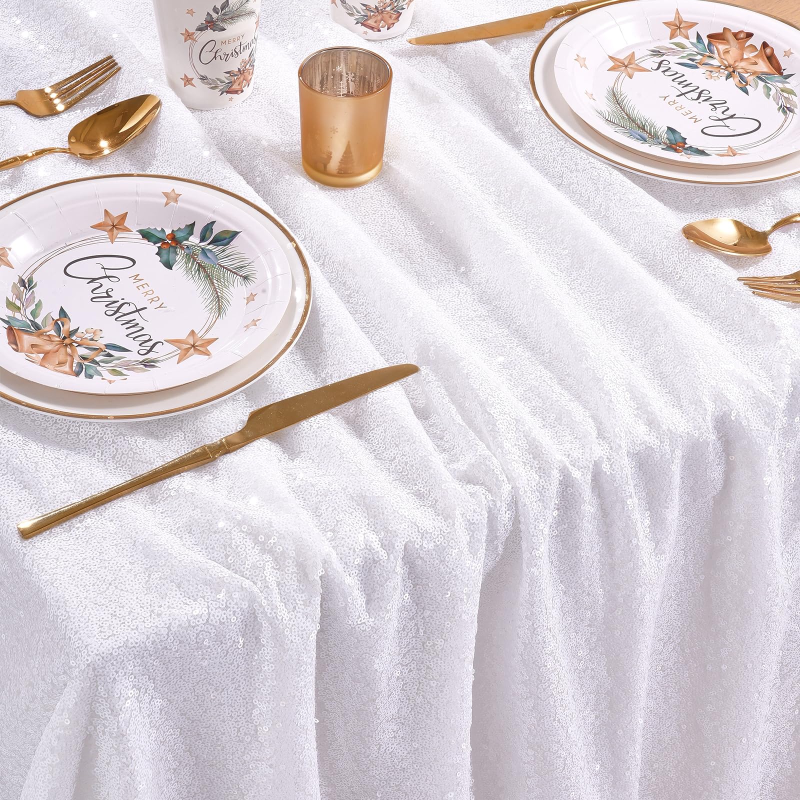 Queendream Sequin Tablecloth 90 X132 Inch White Rectangle Tablecloth Glitter Table Cloth Overlay Wedding Birthday Christmas Deco
