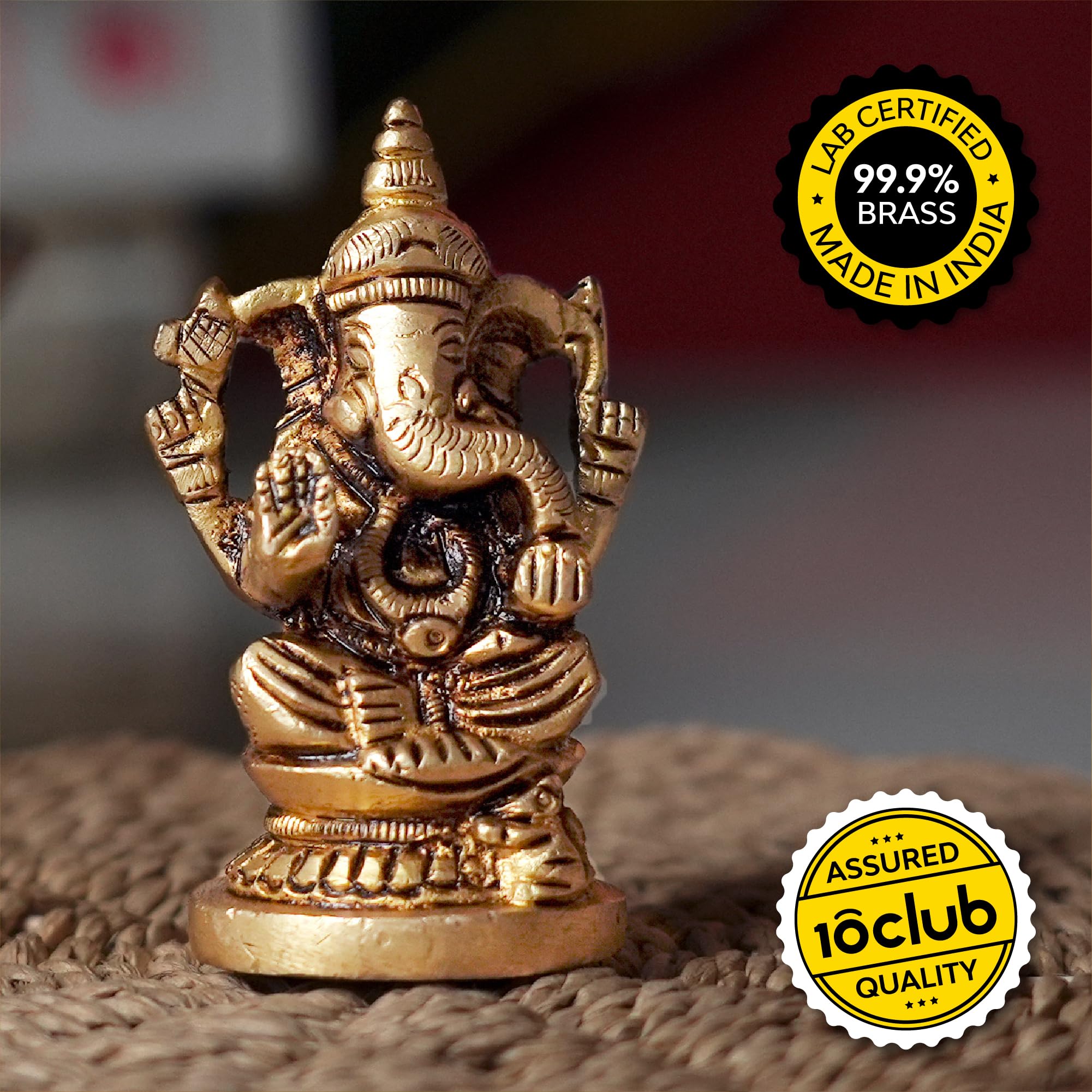 10Club 100% Pure Brass Lord Ganesha Idol for Home | 6.8 CM | Ganesh Murti | Yellow Antique Finish