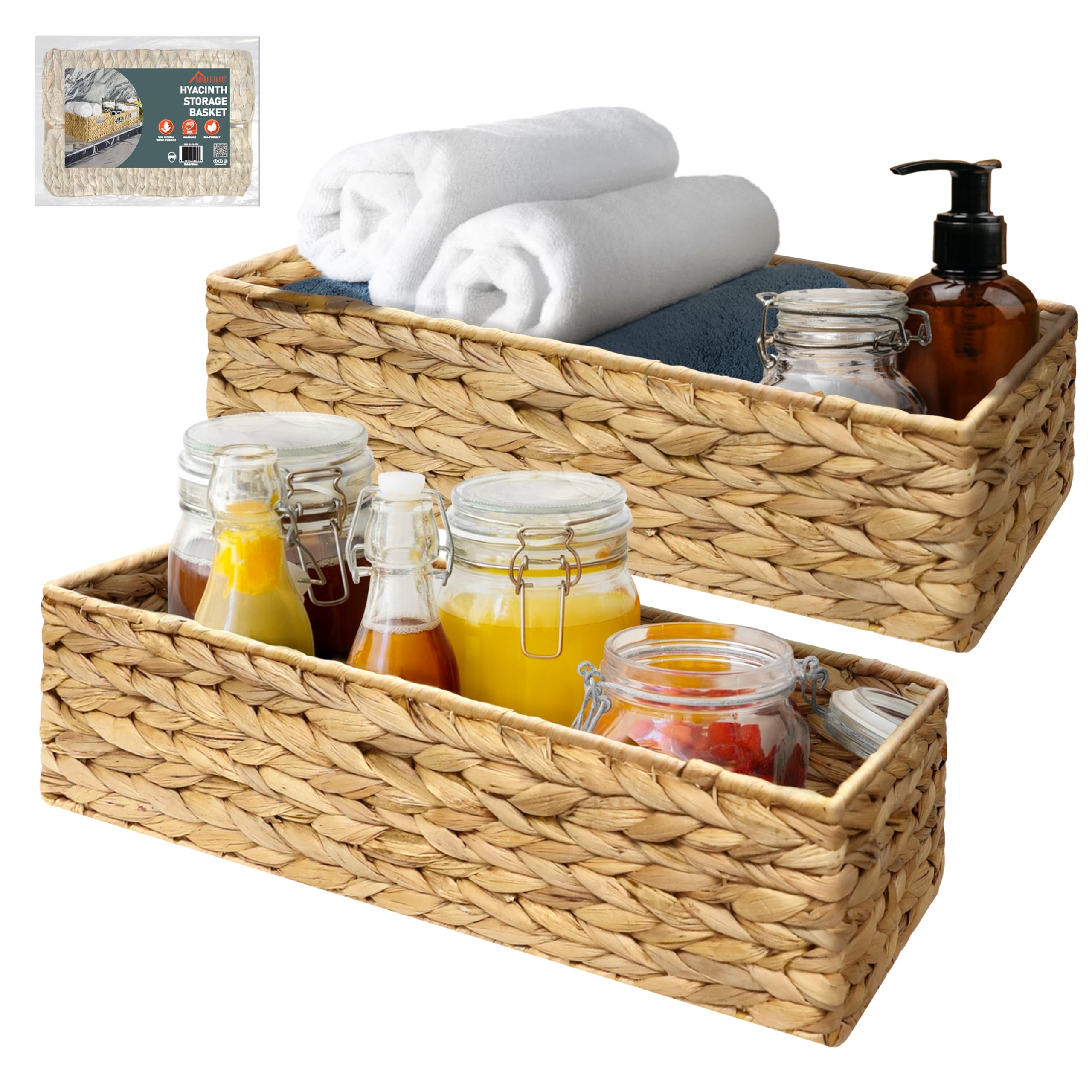 Homestead Water Hyacinth Storage Baskets, 15.6'' Long Narrow Rectangular Wicker Baskets For Bedroom, Living Room, Bathroom, Shel