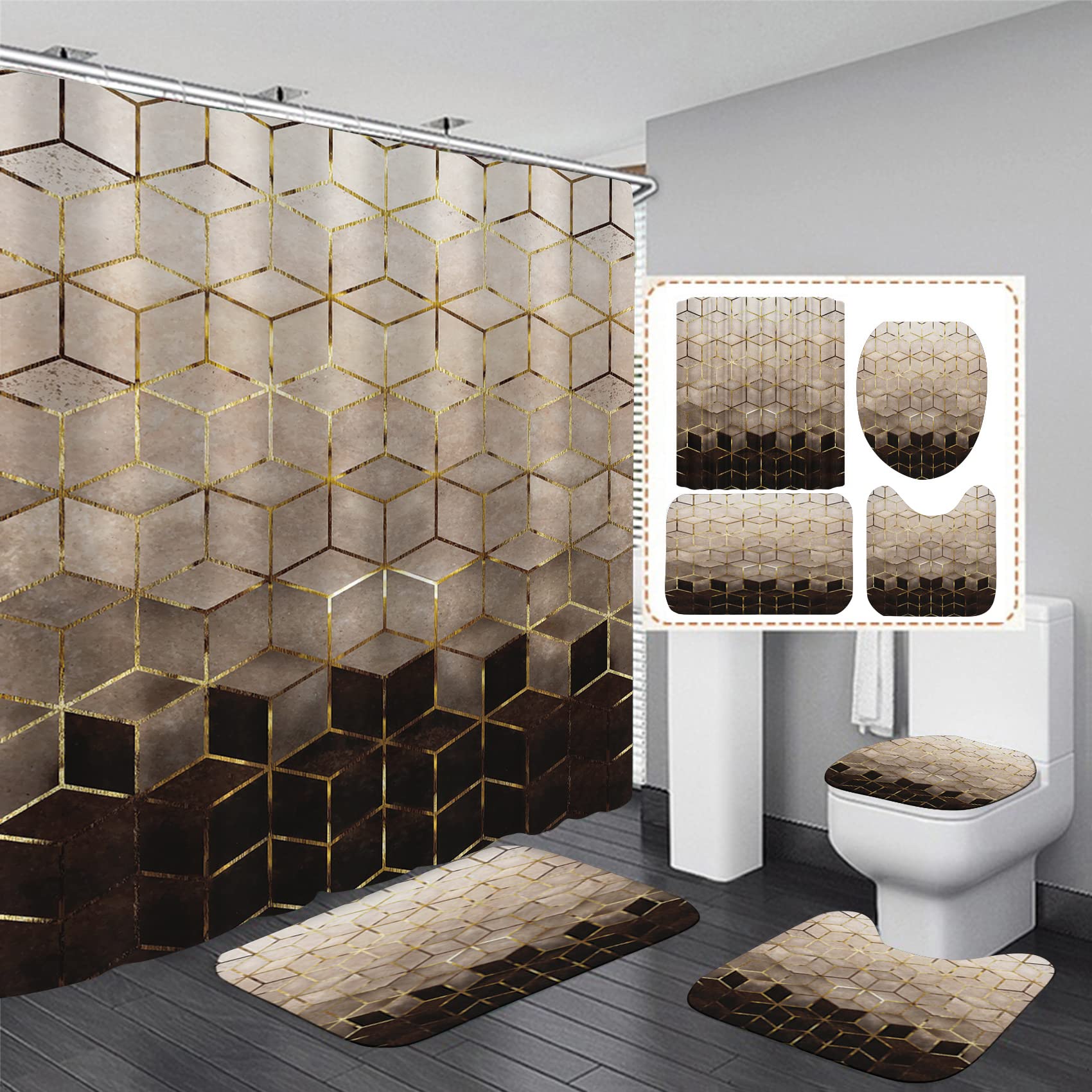 Lqcool 4Pcs Brown Gradient Shower Curtain Set, Modern Geometric Shower Curtain Set Golden Cubic Lines Bathroom Set Texture Art B