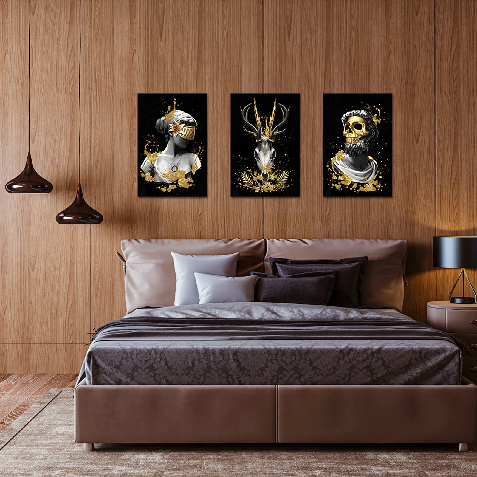 Derkymo 3 Piece Vintage Human Skull Canvas Wall Art Black And White Deer Head Skull Painting Prints Woman Under Gold Mask Pictur