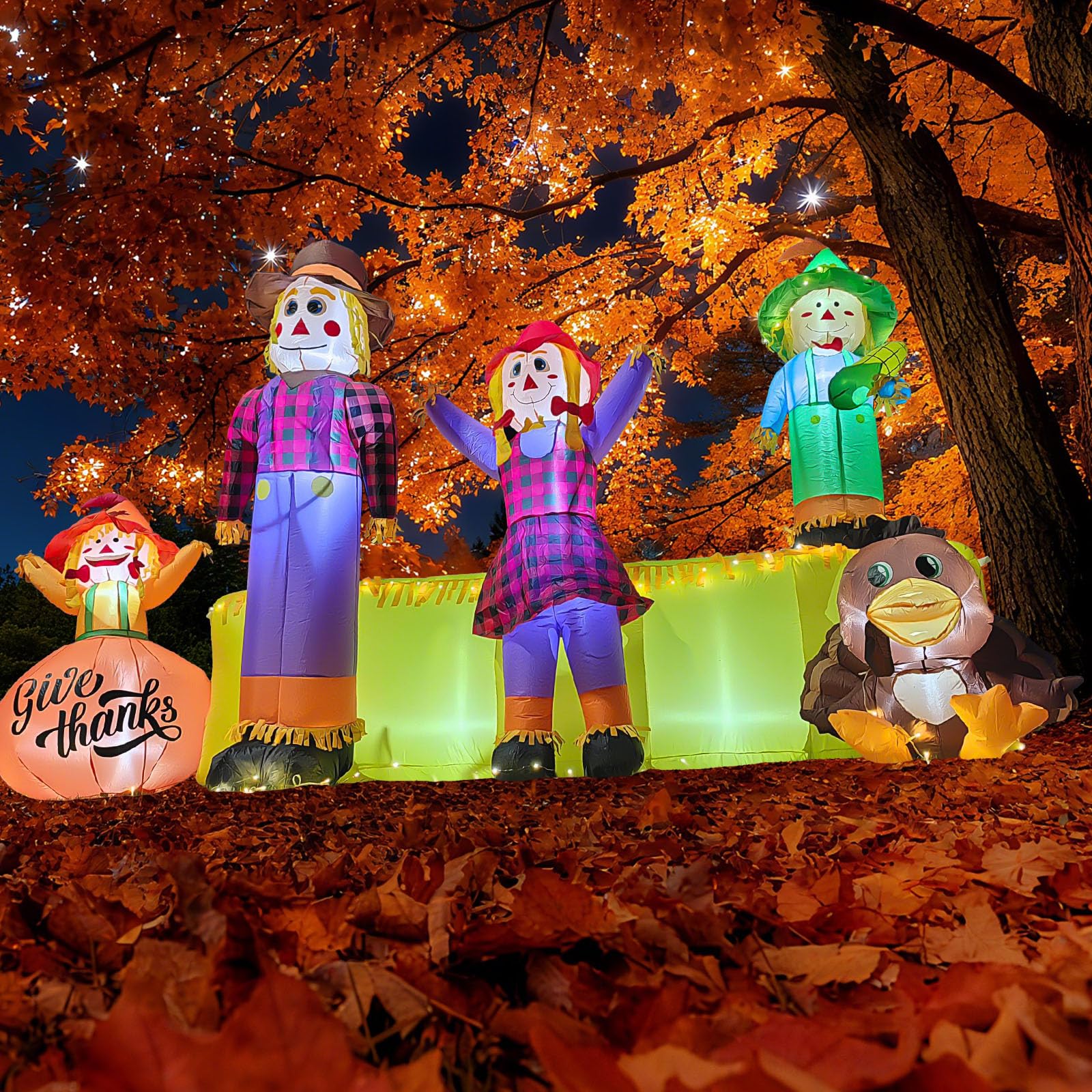 10 FT Thanksgiving Inflatables Fall Outdoor Decorations, Blow Up 4 Scarecrow Family & Hay Bale & Turkey, Built-in 9 LED Lights &