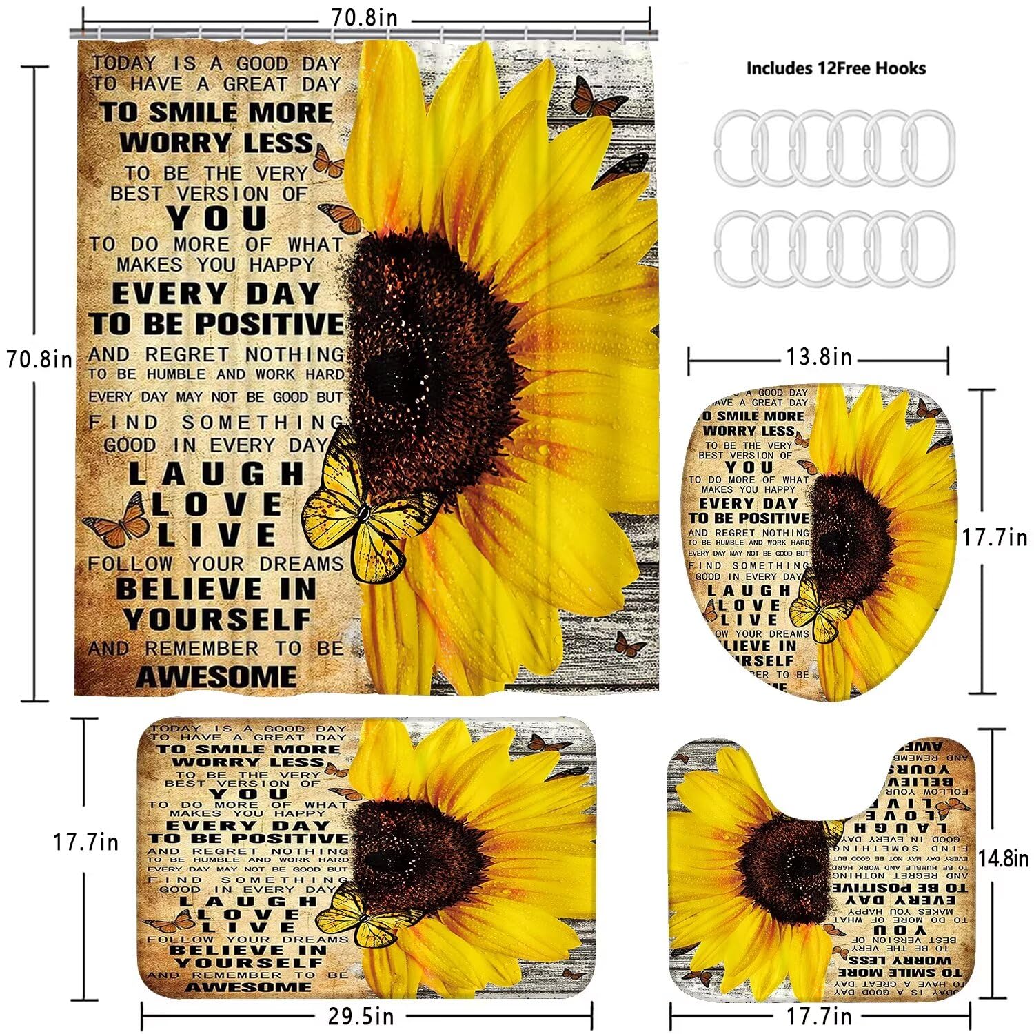 Azhm 4Pcs Shower Curtain Sets With Rugs Sunflower Bathroom Set D  Cor Inspirational Quotes Bathroom Curtains Shower Set With Rug
