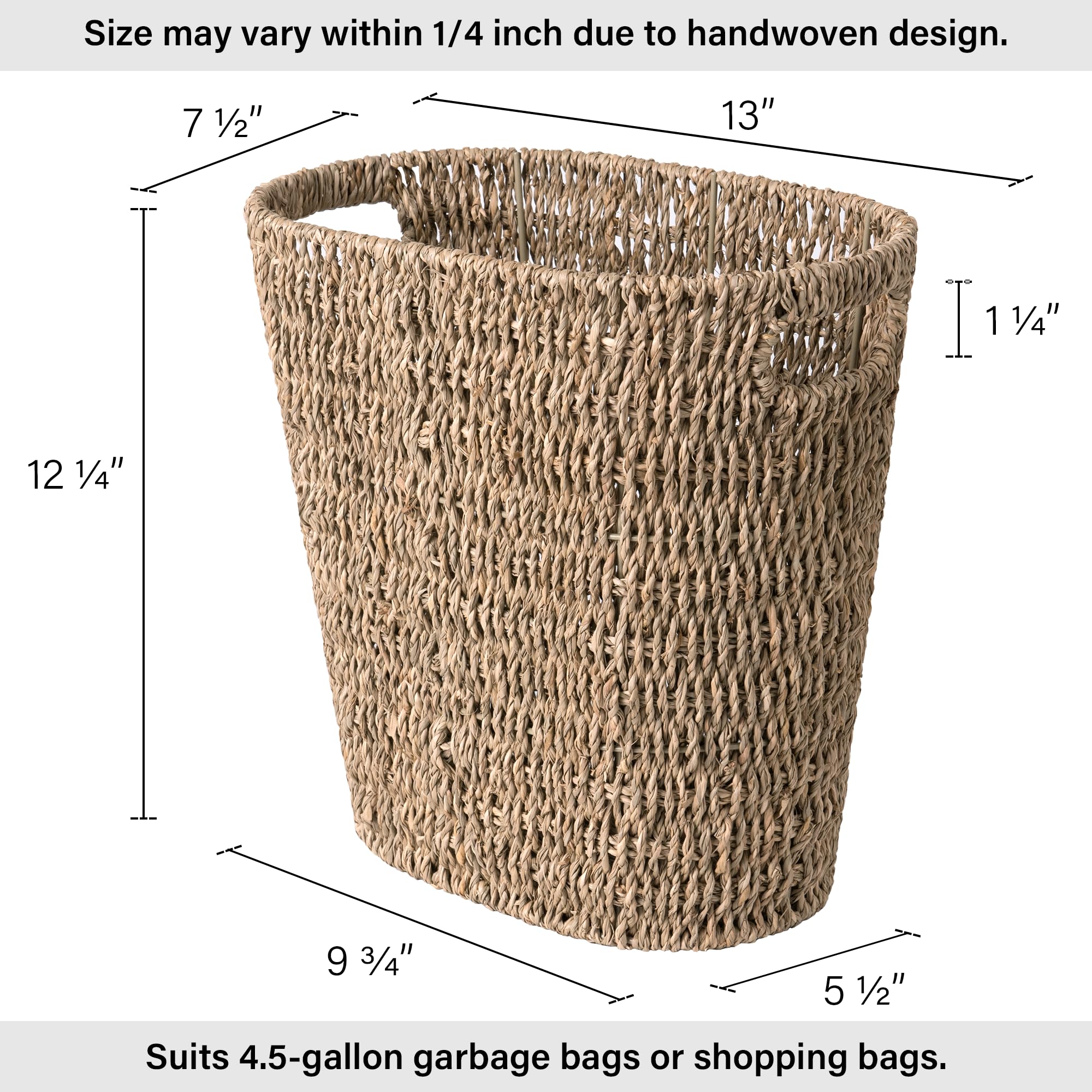 Storageworks Wicker Waste Basket, Wicker Trash Basket With Built-In Handles, Handwoven Seagrass Trash Can, Wicker Garbage Can Fo