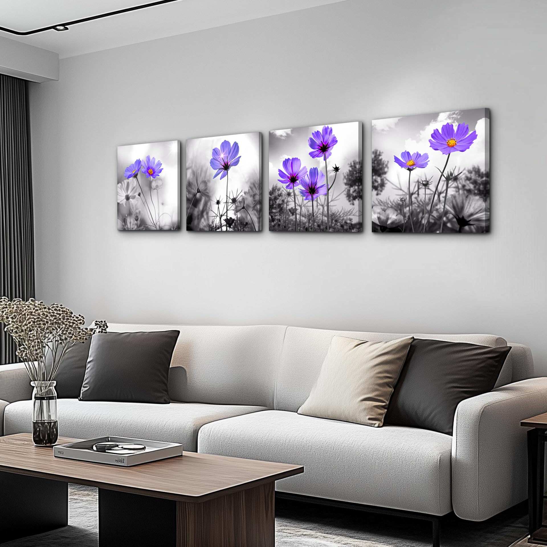 Canvas wall art for bedroom Black and white landscape purple flowers bathroom wall Decor for kitchen Artwork 12'' x 12'' 4 Pieces Framed Canvas Prints Ready to Hang Home Decorations for living room