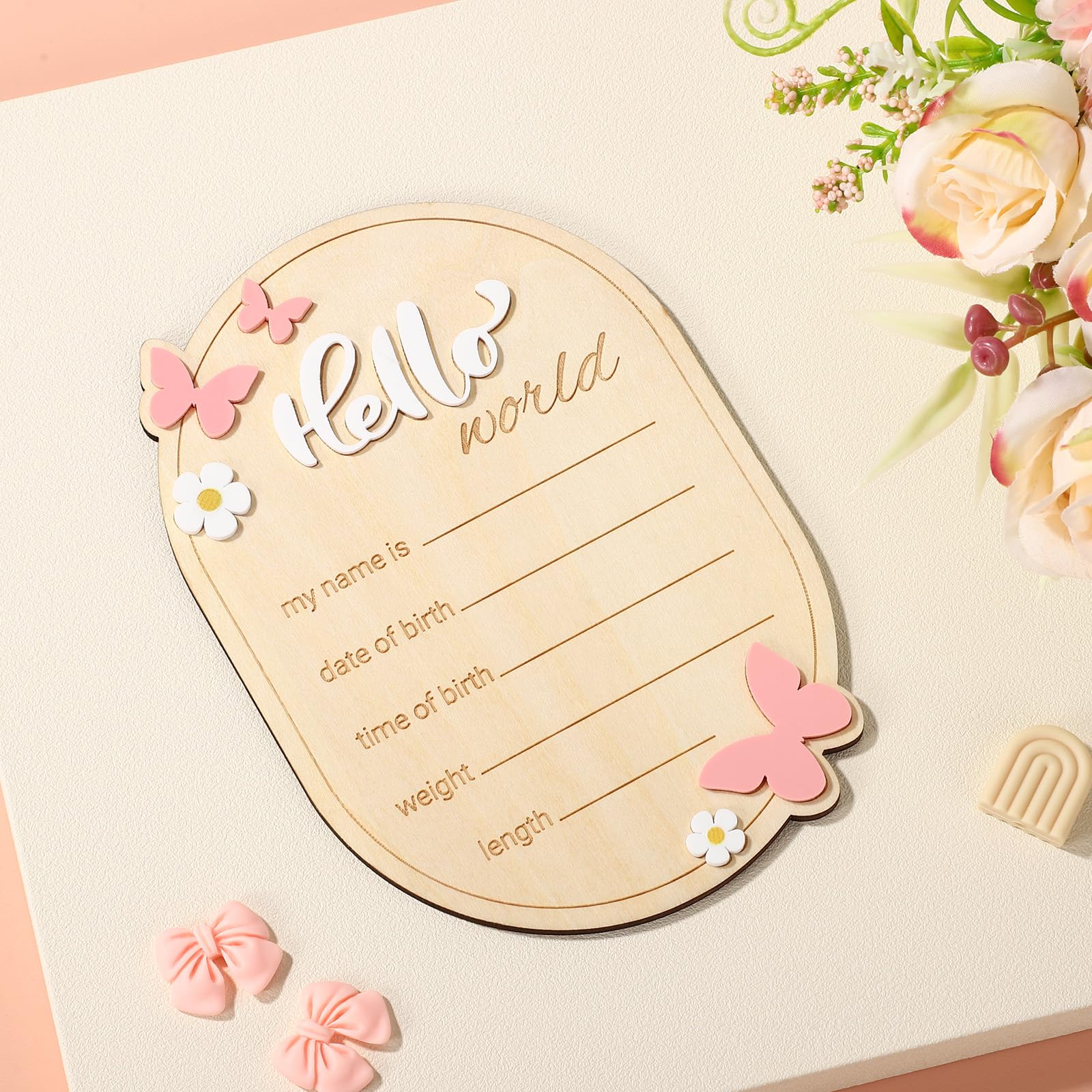 Wooden Baby Birth Announcement Sign, Hello World Newborn Name Signs Daisy & Butterfly Welcome Baby Arrival Plaque for Hospital N
