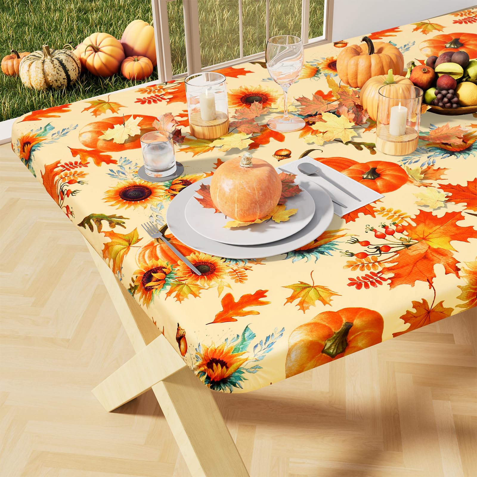 misaya Rectangle Vinyl Tablecloth, Fitted Table Cover, 100% Waterproof, Elastic Edge, Flannel Backing, Plastic Table Cloth Fit 8