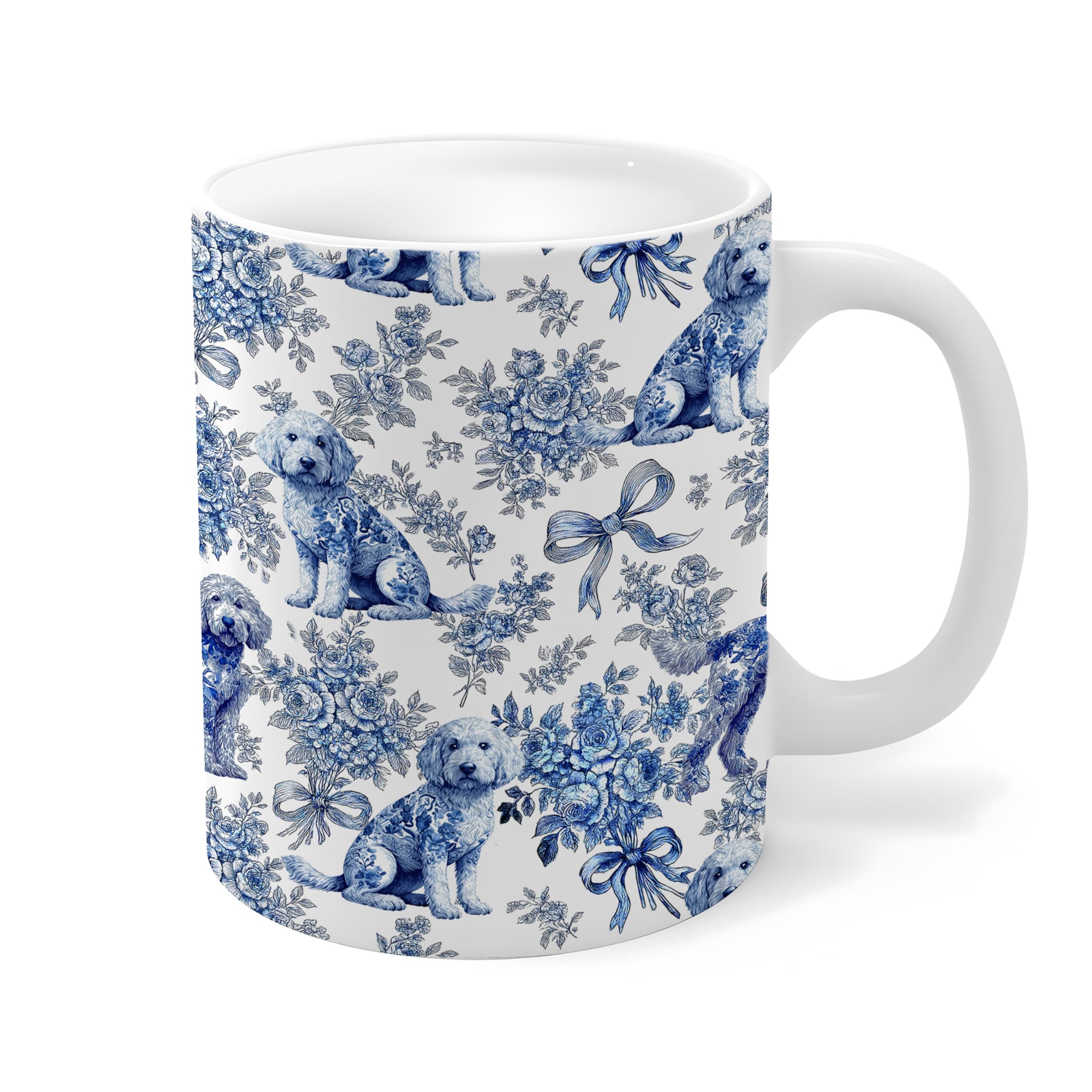 DAYOUER Blue and White Coquette Bow Goldendoodle Ceramic Mug Cup With Handle 11 Oz, Golden Doodle Gifts for Women, Chinoiserie G