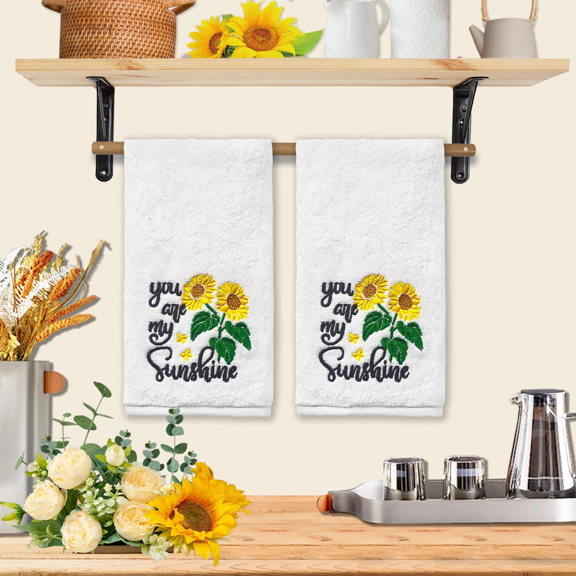Sunflower Hand Towels For Bathroom Set Of 2, Sunflower Bathroom Decor Embroidered Sunflower You Are My Sunshine Pattern, Sunflow