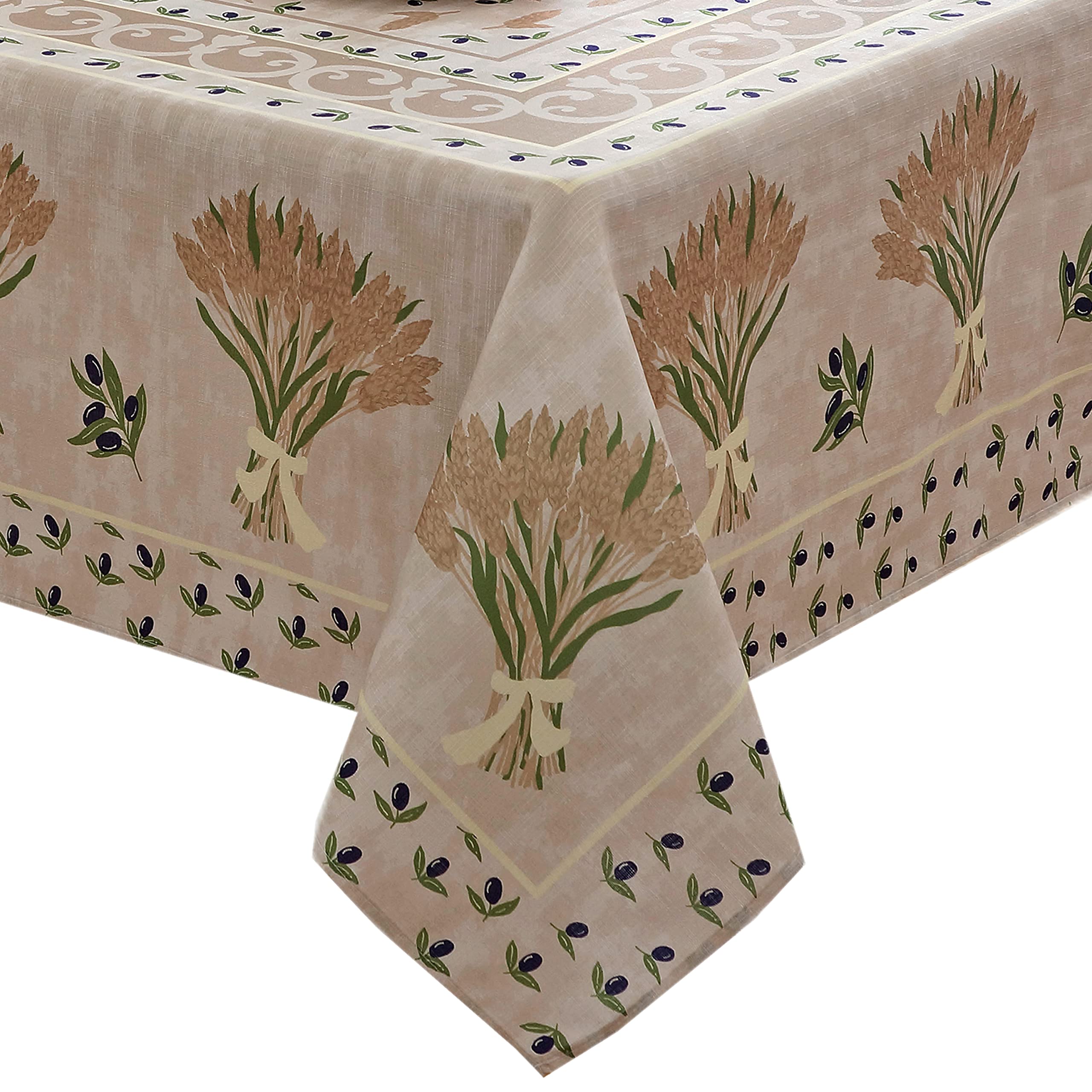 Home Bargains Plus Rectangle Fabric Tablecloth, 60 X 84 Inch, Wheat And Olives Print, Indoor Outdoor Stain And Water Resistant F