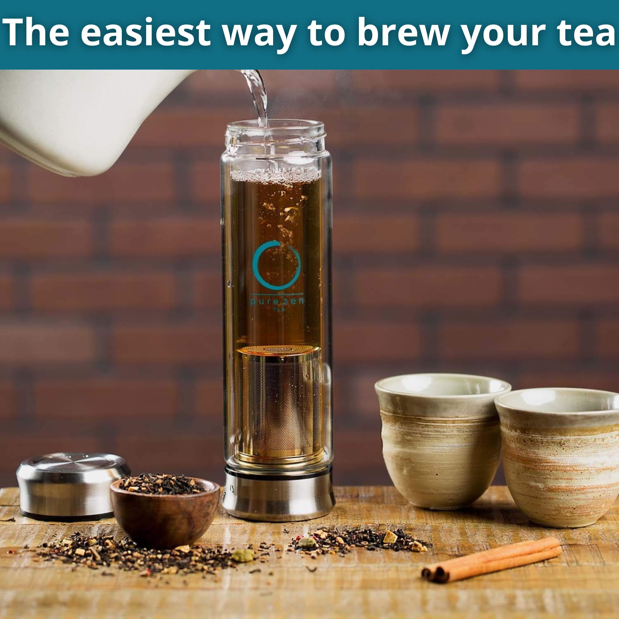 Pure Zen Tea Tumbler With Infuser - Double Wall Glass Travel Tea Mug With Stainless Steel Filter - Leakproof Tea Infuser Bottle