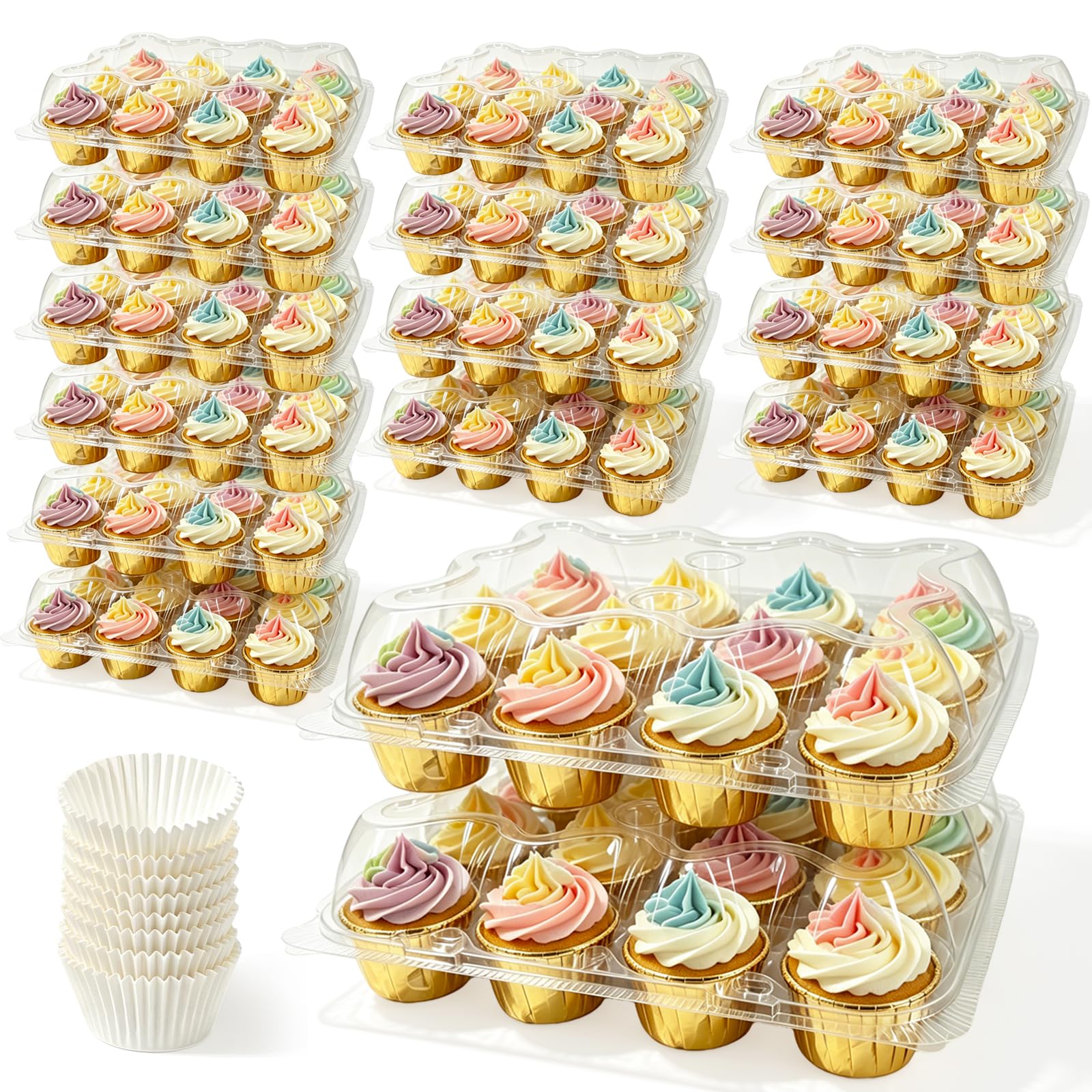 Gezellmar 12 Packs  20 Sets Disposable Plastic Cupcake Containers,Stackable CupCake Holders with lid with 240 Pack Cupcake Lin