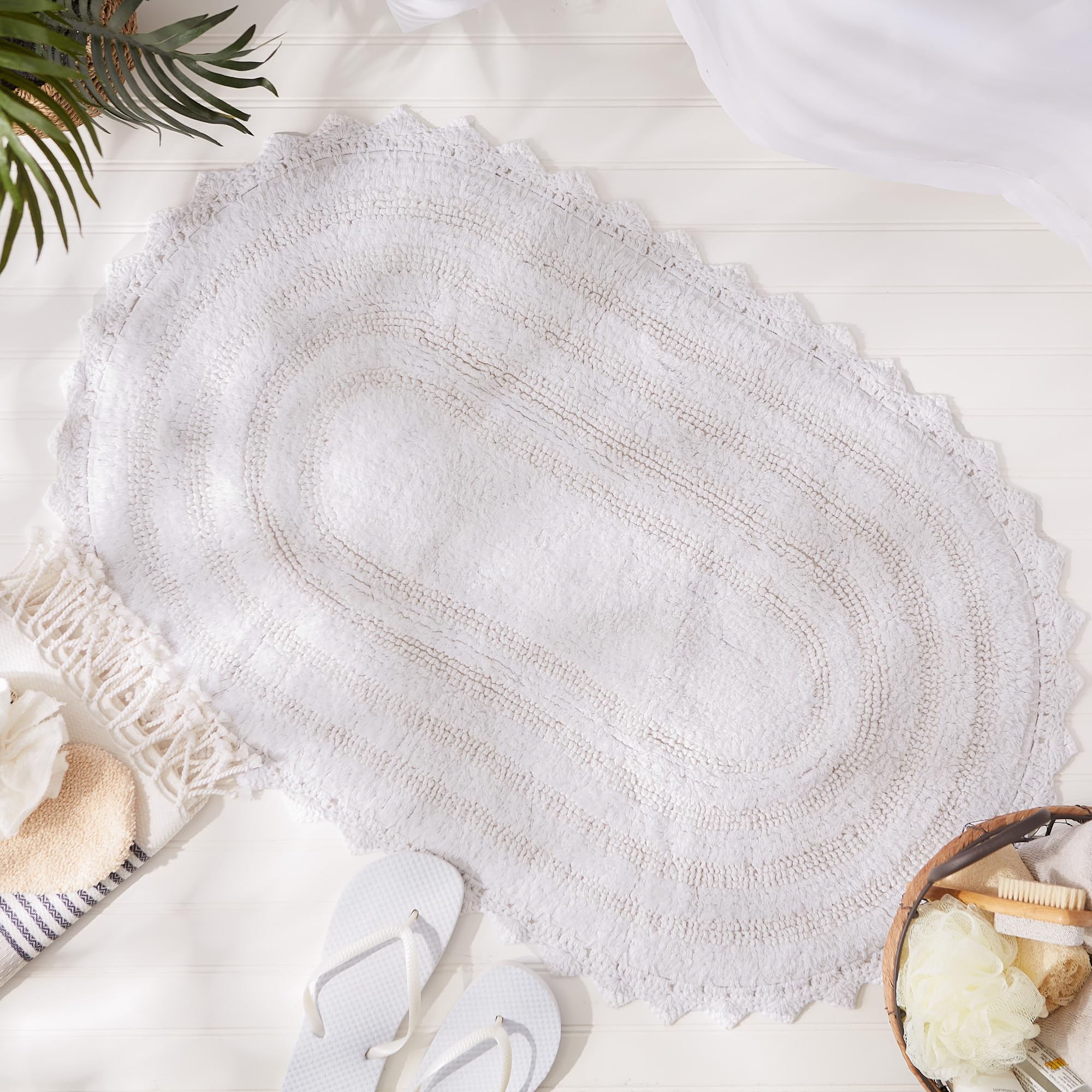 DII Crochet Collection Reversible Bath Mat  Small Oval  17x24  White