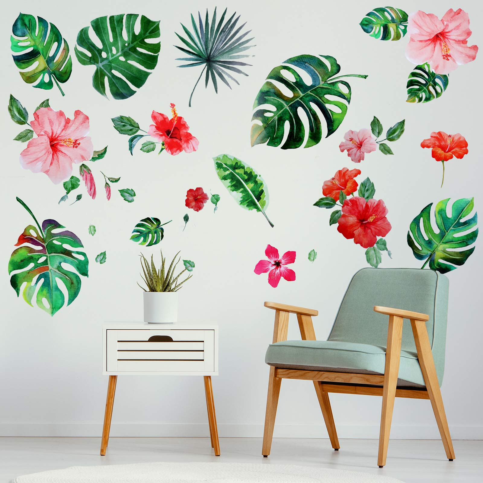 66 Pieces Large Palm Leaves Wall Decals Tropical Hibiscus Flower Peel Removable Stickers Green Plants Fresh Leaves Stickers For