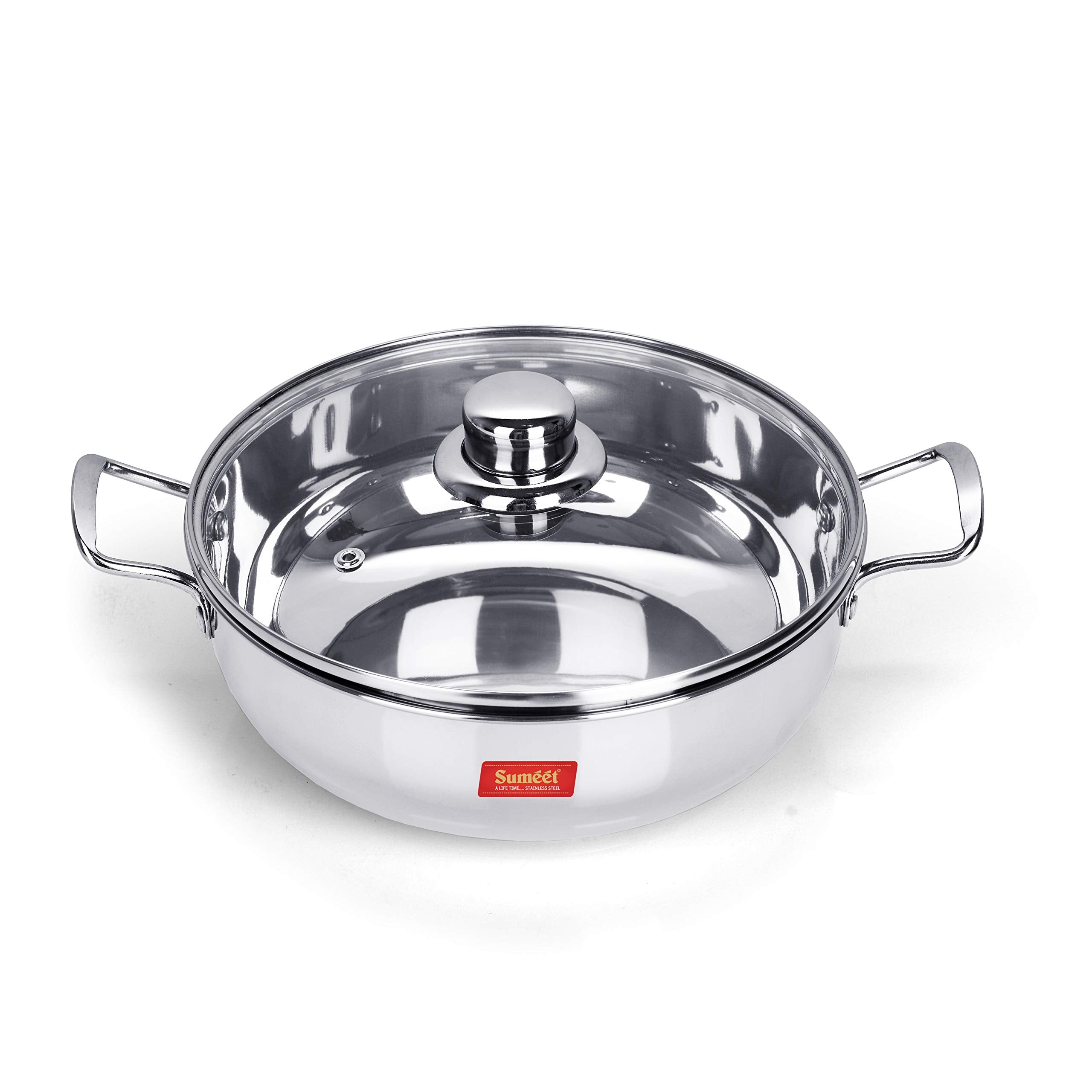 Sumeet Stainless Steel Induction Bottom (Encapsulated Bottom) Induction & Gas Stove Friendly Kadhai With Glass Lid Size No.11 (1