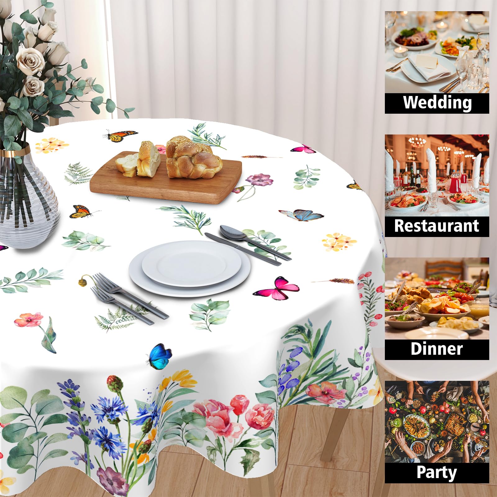 Absop Spring Summer Floral Tablecloth Round 60 Inch Watercolor Butterfly Flower Table Cloth Washable Farmhouse Table Covers For