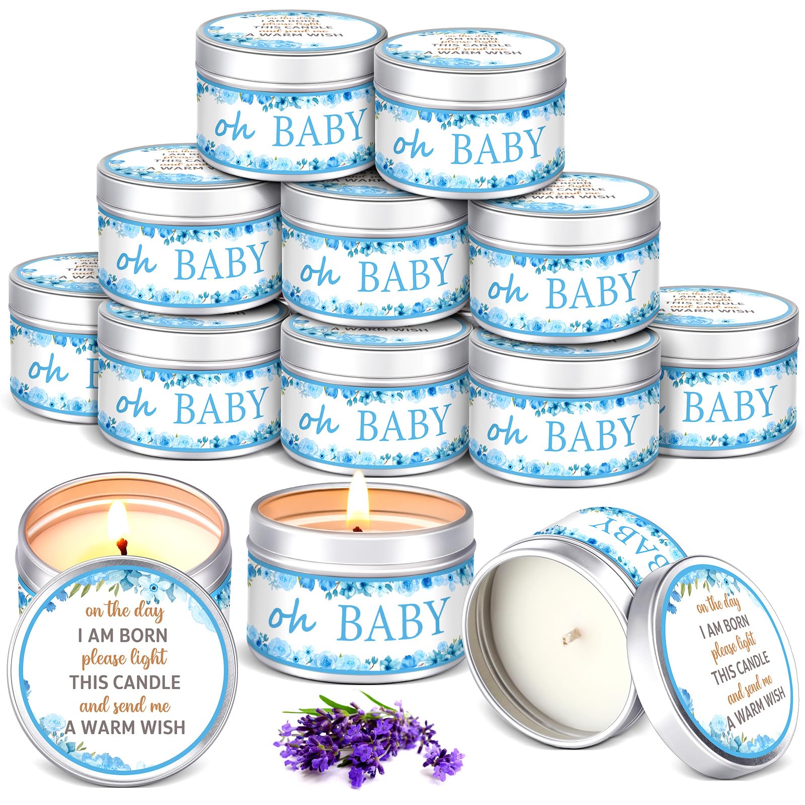 Funtery 12 Pcs Baby Shower Party Favors for Guests Baby Shower Candles Lavender Scented Candle Rustic Tealights Candles Gender R