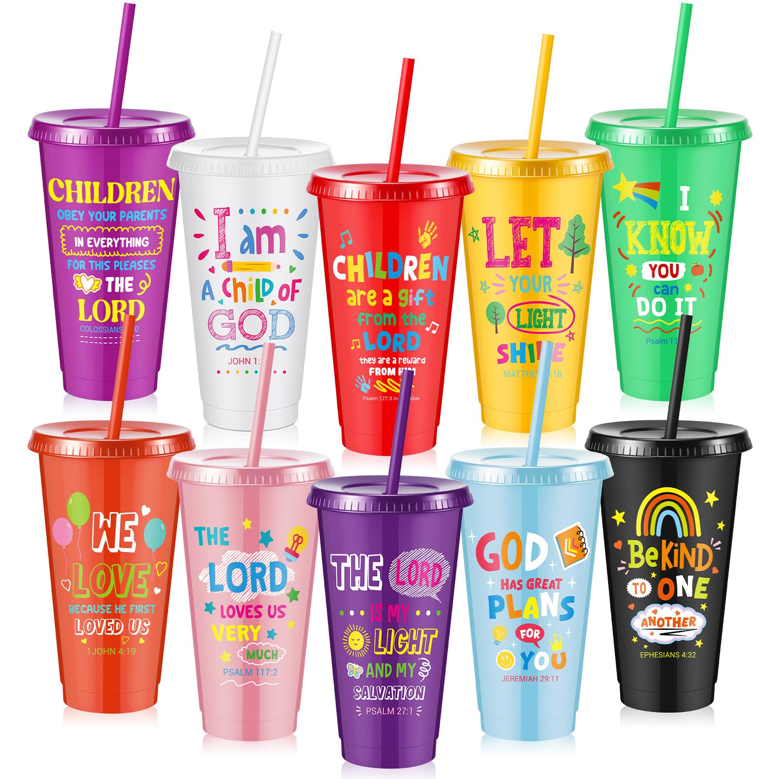 Uiifan 10 Pcs Christian Cups for Kids Bulk, Reusable Plastic Tumblers with Lids and Straws, Bible Verse Cups for Sunday School, 