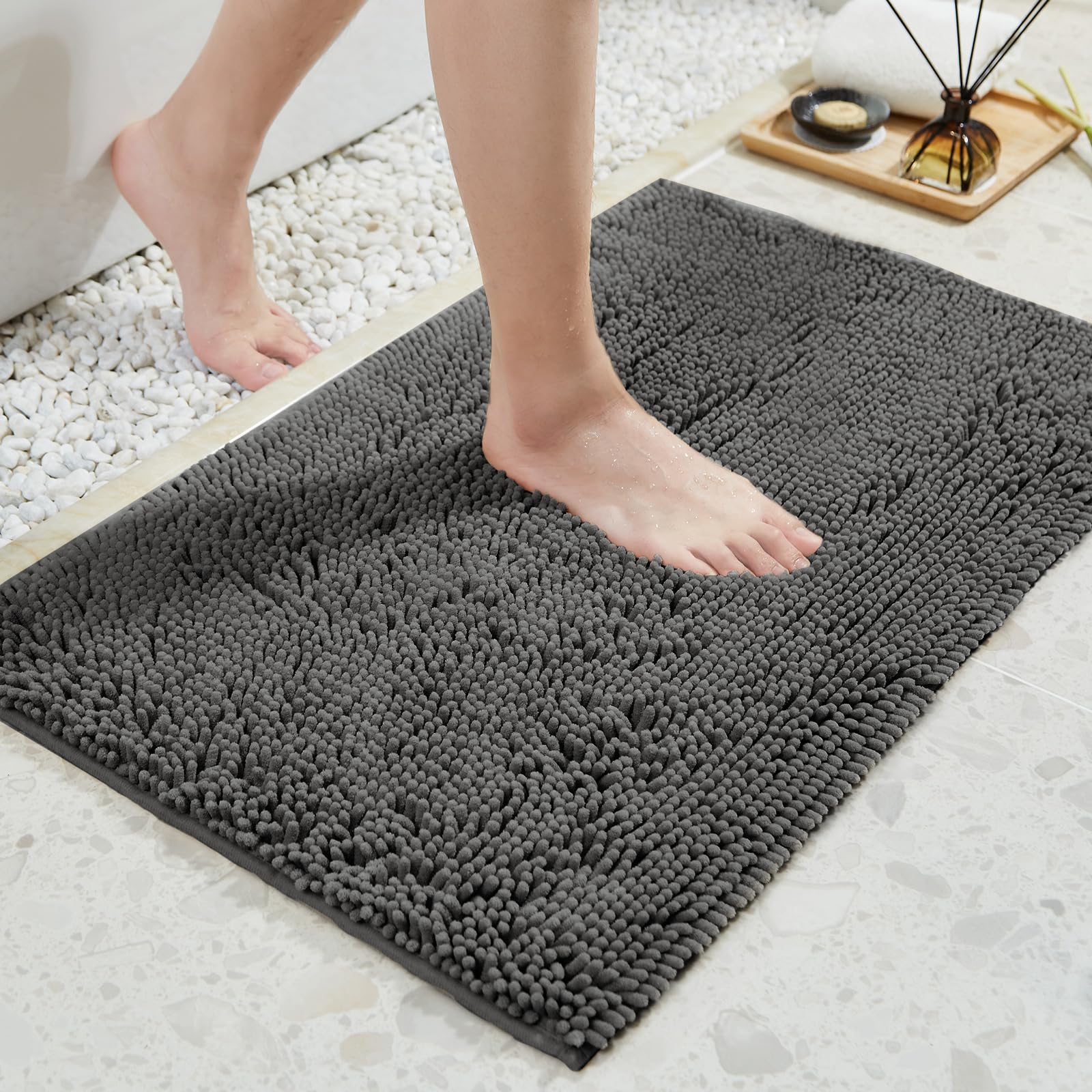 Techmilly Soft Fluffy Chenille Bathroom Rugs 32'' X 20'', Non Slip Absorbent Bath Mats For Bathroom, Washable And Quick Dry, Gre