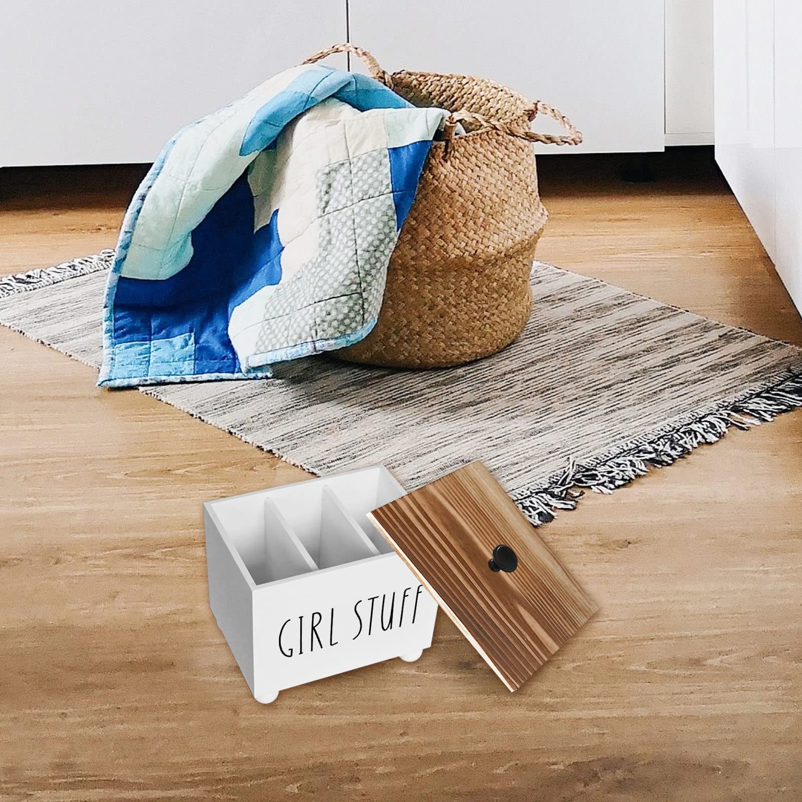 Tampon Holder For Bathroom, Farmhouse Pad Storage Container, Rustic Wood Bathroom Storage Bin With Lid, Period Organizer For Wom