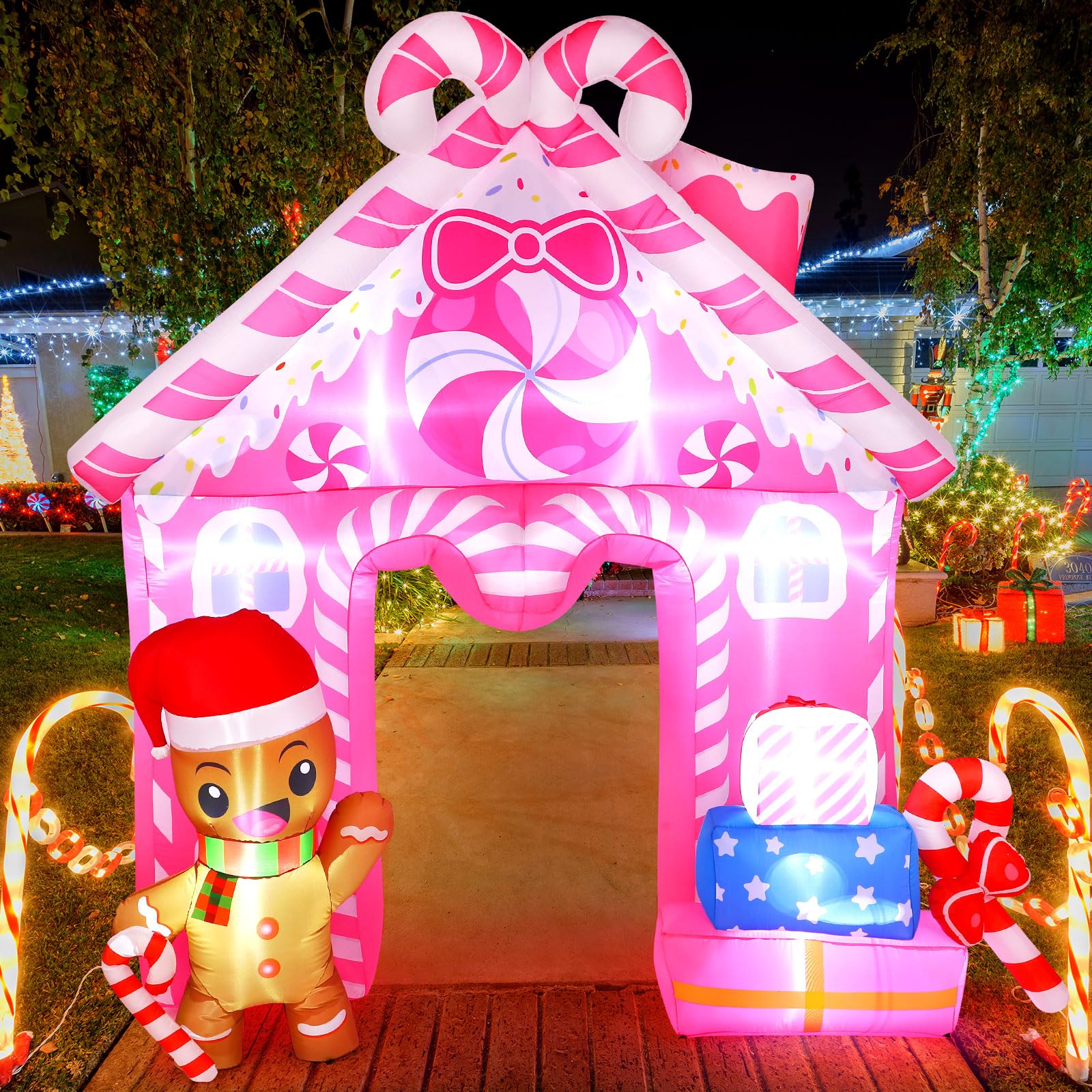 Lenwen Lenwen 10 ft Pink Christmas Inflatable Gingerbread House Archway Gingerbread Man Cookie House and Candy Cane Decor with L